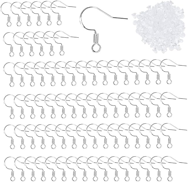 Earring Hooks, 100pcs 925 Sterling Silver Ear Wires Fish Hook Earring French with 120pcs Clear Rubber Earring Backs for DIY Jewellery Making