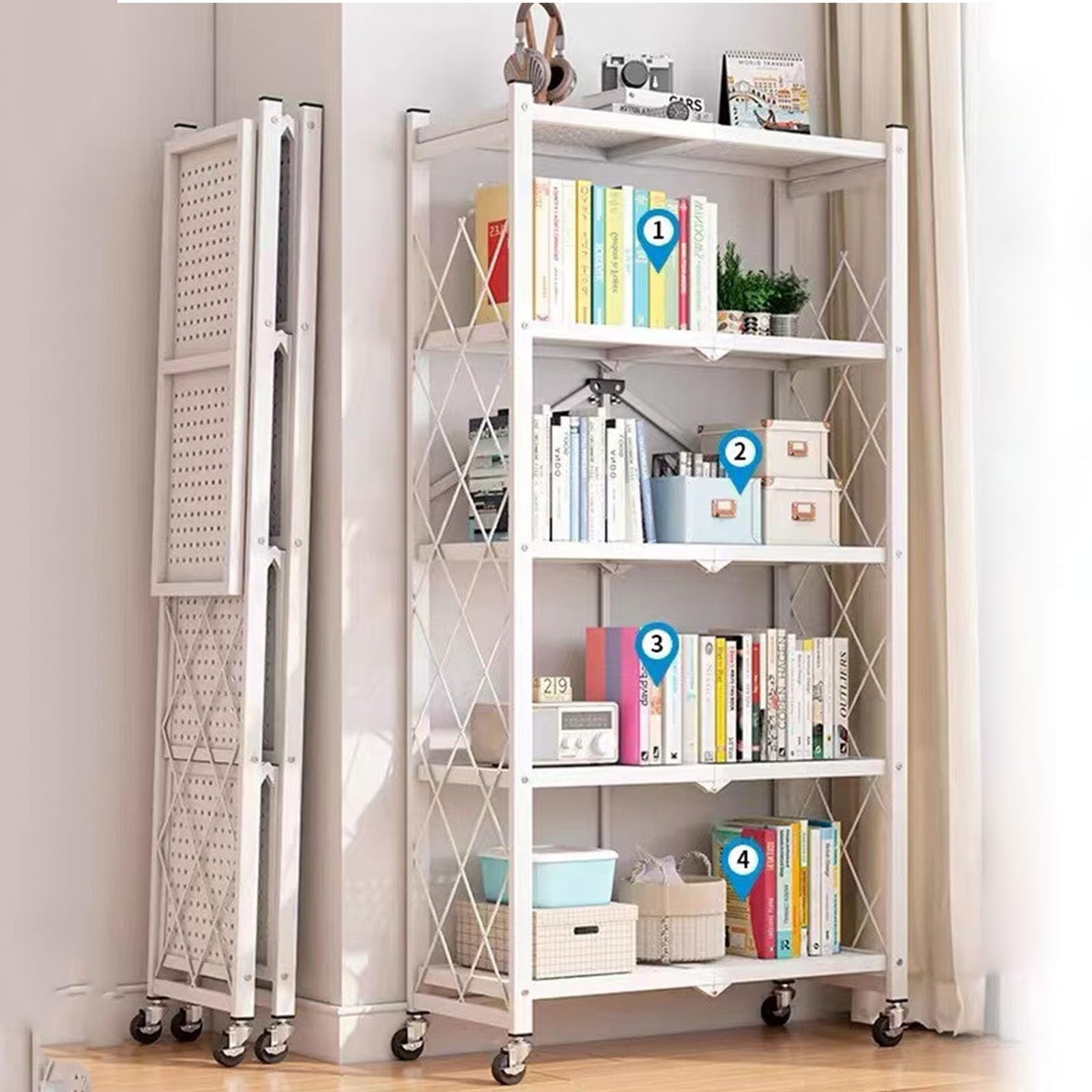 5-Niveaux Étagère de Stockage Pliable en Métal avec Roues, 28,15" W x 15,55" D x 62,60" H, Capacité de Chargement de 950 lbs, Etagère de L'assemblage sans Service(Blanc, 5-Niveaux)