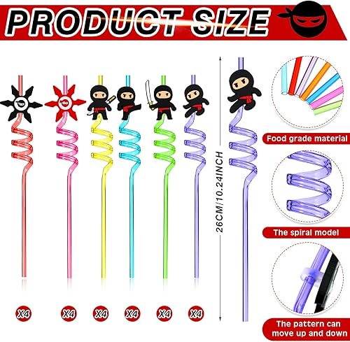 Miniatura 2 de 24 popotes de decoración de fiesta de ninja con temática de karate, suministros de fiesta de cumpleaños reutilizables, pajitas de plástico para