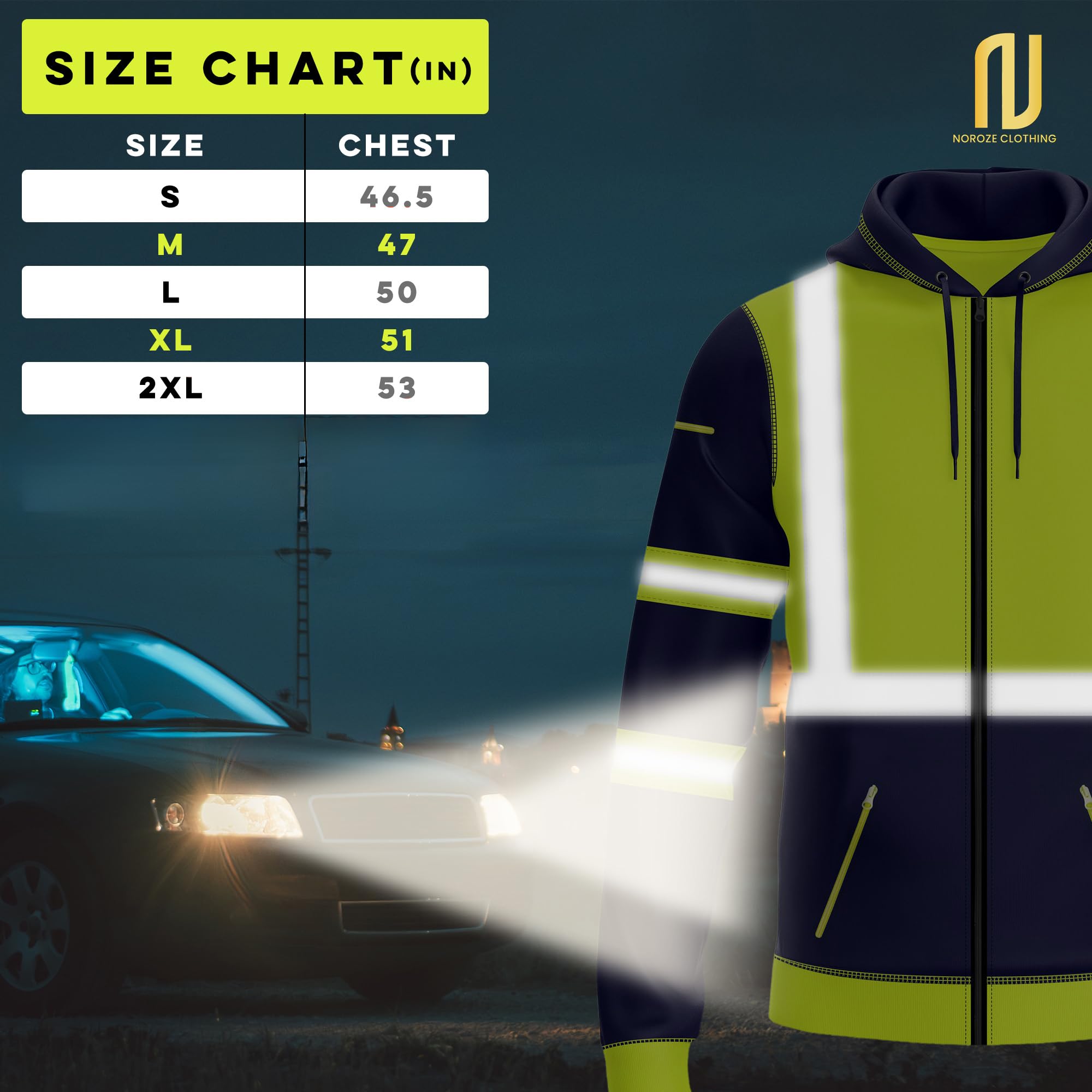 NOROZE Felpa da Uomo Hi-Viz con Zip Frontale con Nastro Riflettente ad Alta visibilità Cappotto di Sicurezza con Cerniere utilità per Telefono e Tasche per Gadget Felpa Top Jacket Taglia S-XXL