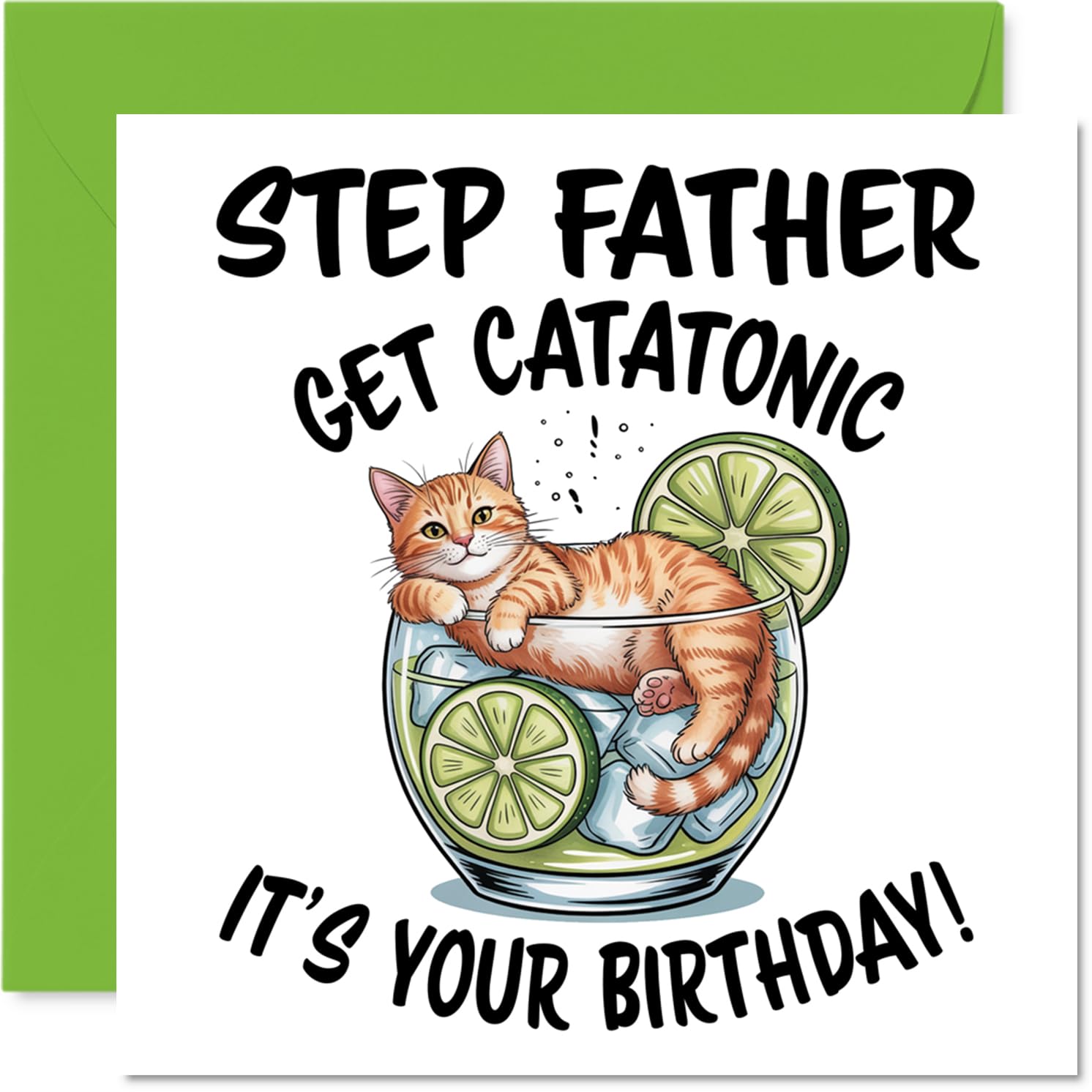 Step Father Birthday Card - Catatonic - Happy Birthday Card for Step Father from Son Daughter, 145mm Cute Animal Design Bday Greeting Cards