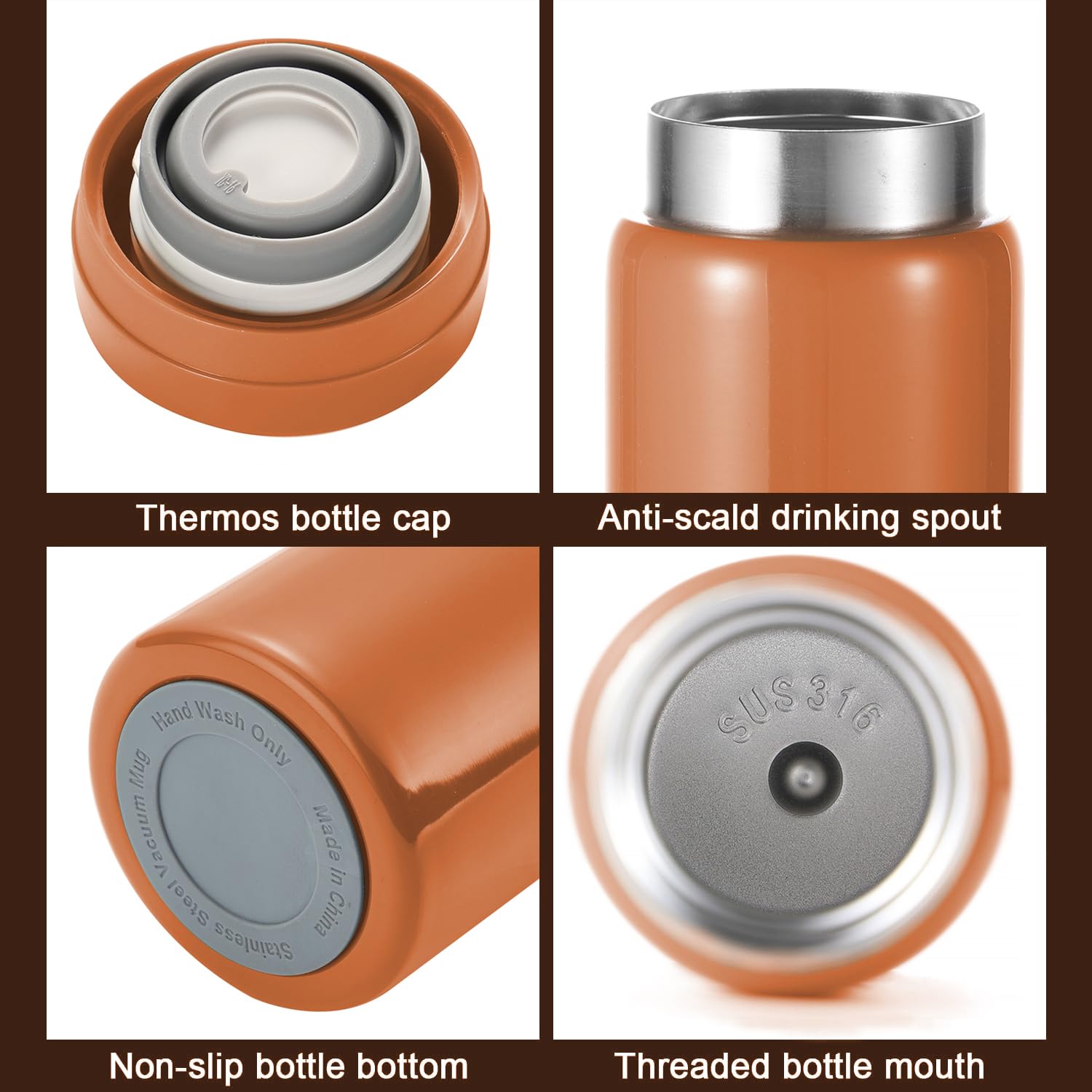 Small Flask, Cute Water Bottle, Vacuum Insulated Flask for Hot & Cold Drink, Keep 12H Hot & 6H Cold (Orange, 280ml) - Image 3