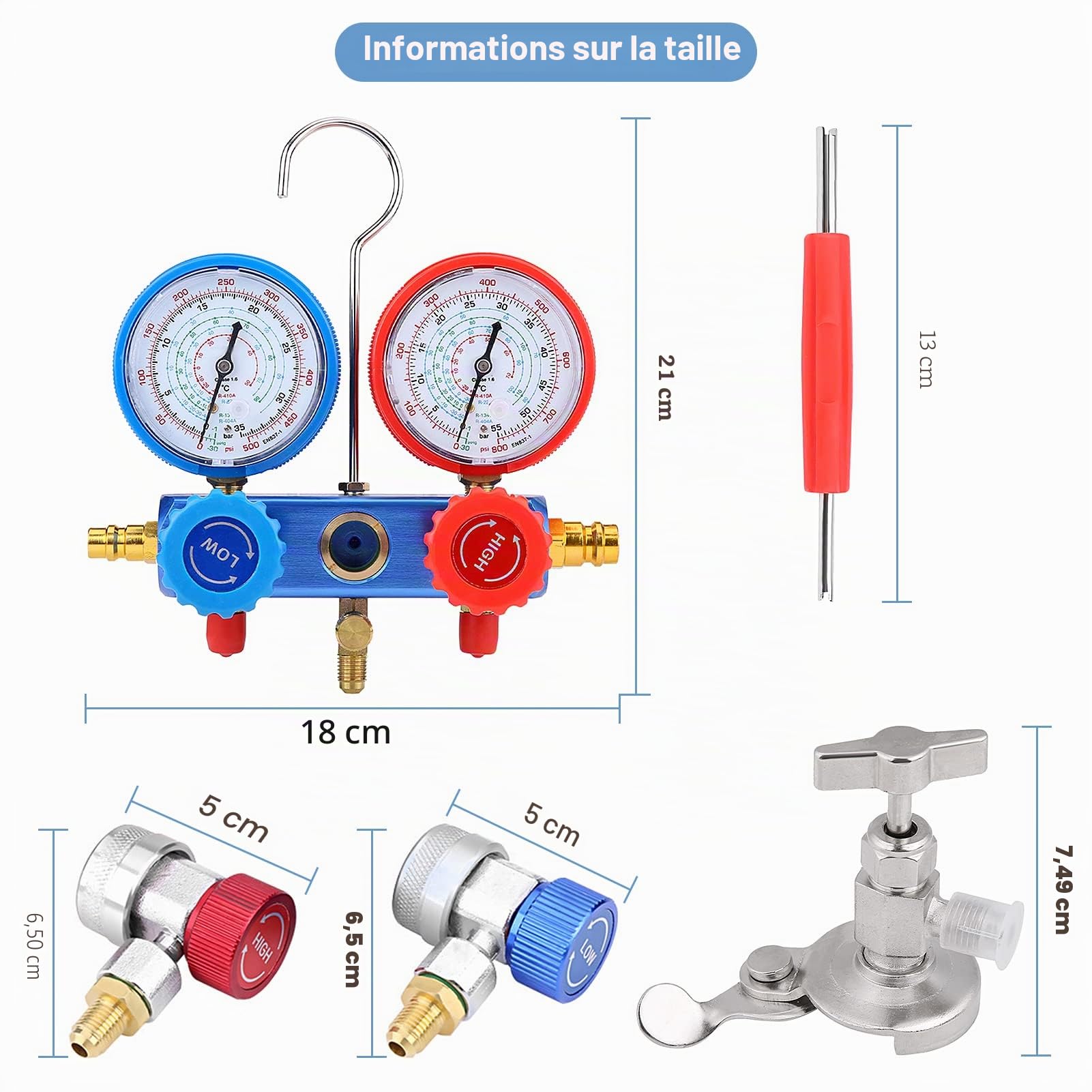 Recharge Climatisation Voiture R134A, Manifold Gauge Set Kit de Jauge de Collecteur de Diagnostic Professionnel AC Diagnostic Réfrigérants Climatisation Outils avec Tuyau, Convient aux Réfrigérants