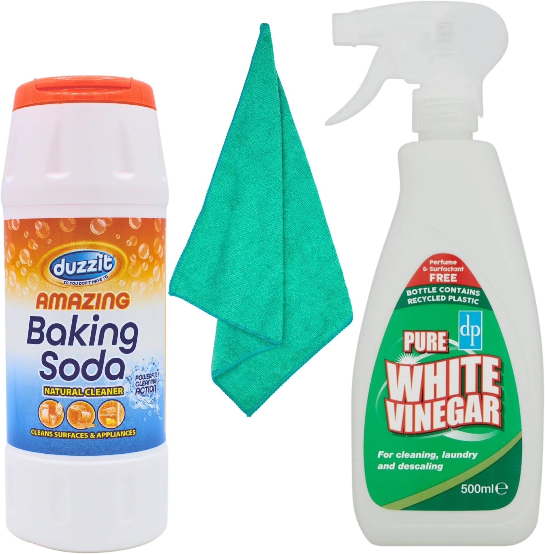 Baking Soda For Cleaning 500g and White Vinegar Spray 500ml Bundle with Glameno Microfiber Cloth