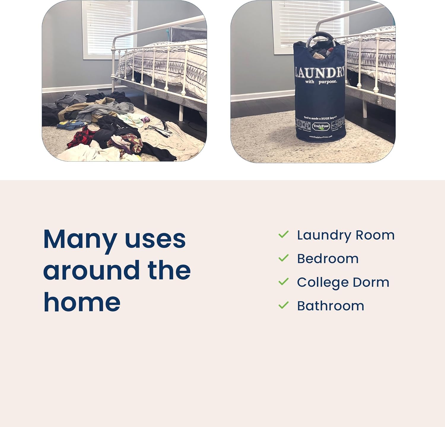 Truly Free Waterproof Laundry Tote - Fabric Hamper with Handles for Bedroom, Dorm, Teen Room - Standing Clothes Basket for Dirty Laundry