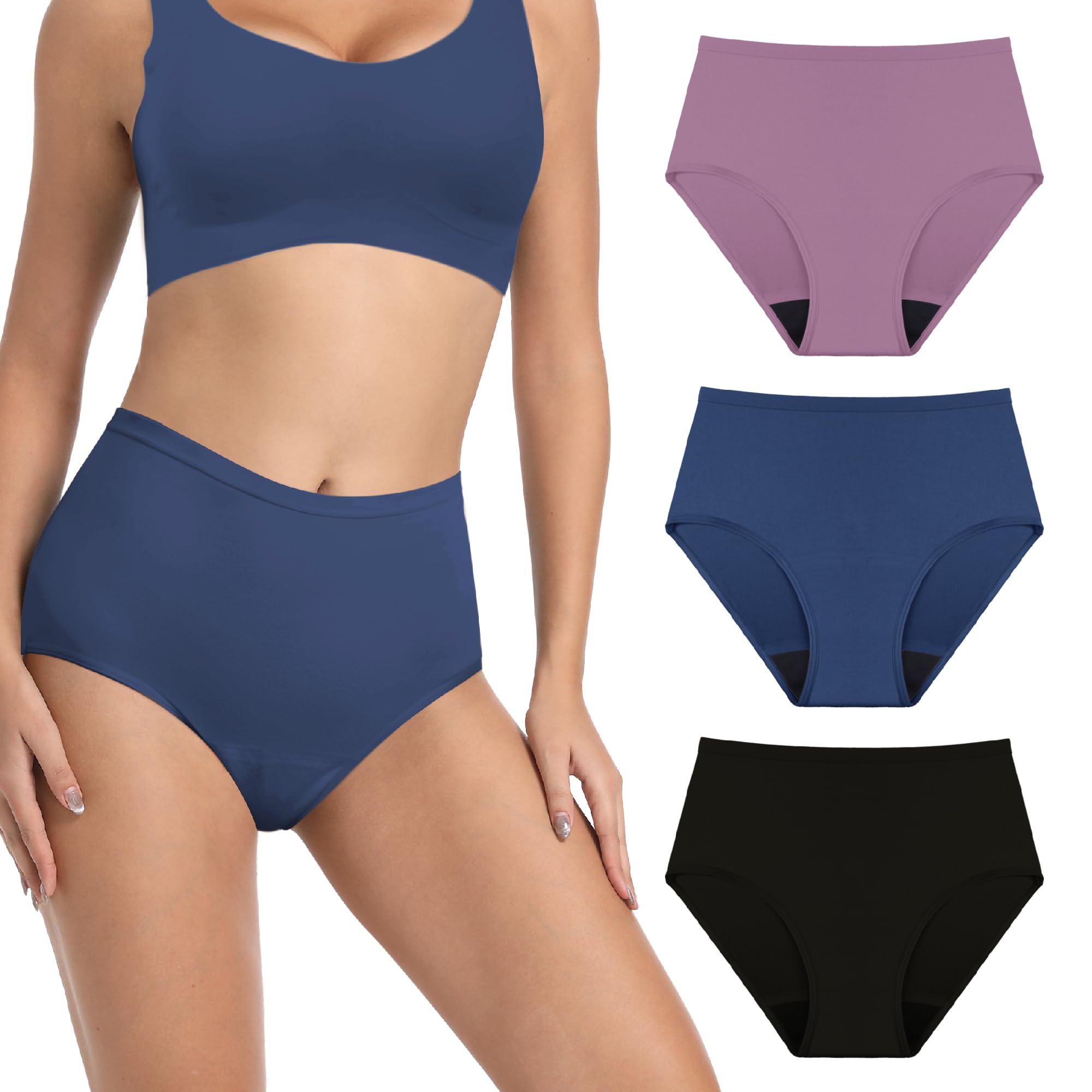 IRISMORII Washable Incontinence Panties for Women Bladder Leak Proof Underwear Light Absorbent Protection Cotton Brief 3 Pack (Black, Dark Blue,