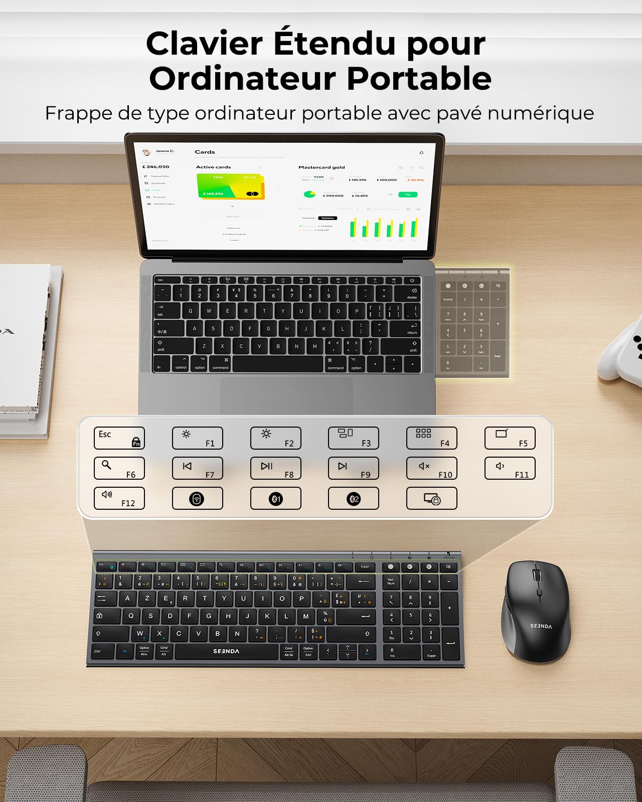 seenda COE401 Clavier Souris sans Fil Bluetooth AZERTY, Noir Gris | Connexion Multi-Appareils, Rechargeable, Ultra-Fin, Silencieux, Souris 4 Niveaux DPI, Compatible Windows/Mac/iPad/Android