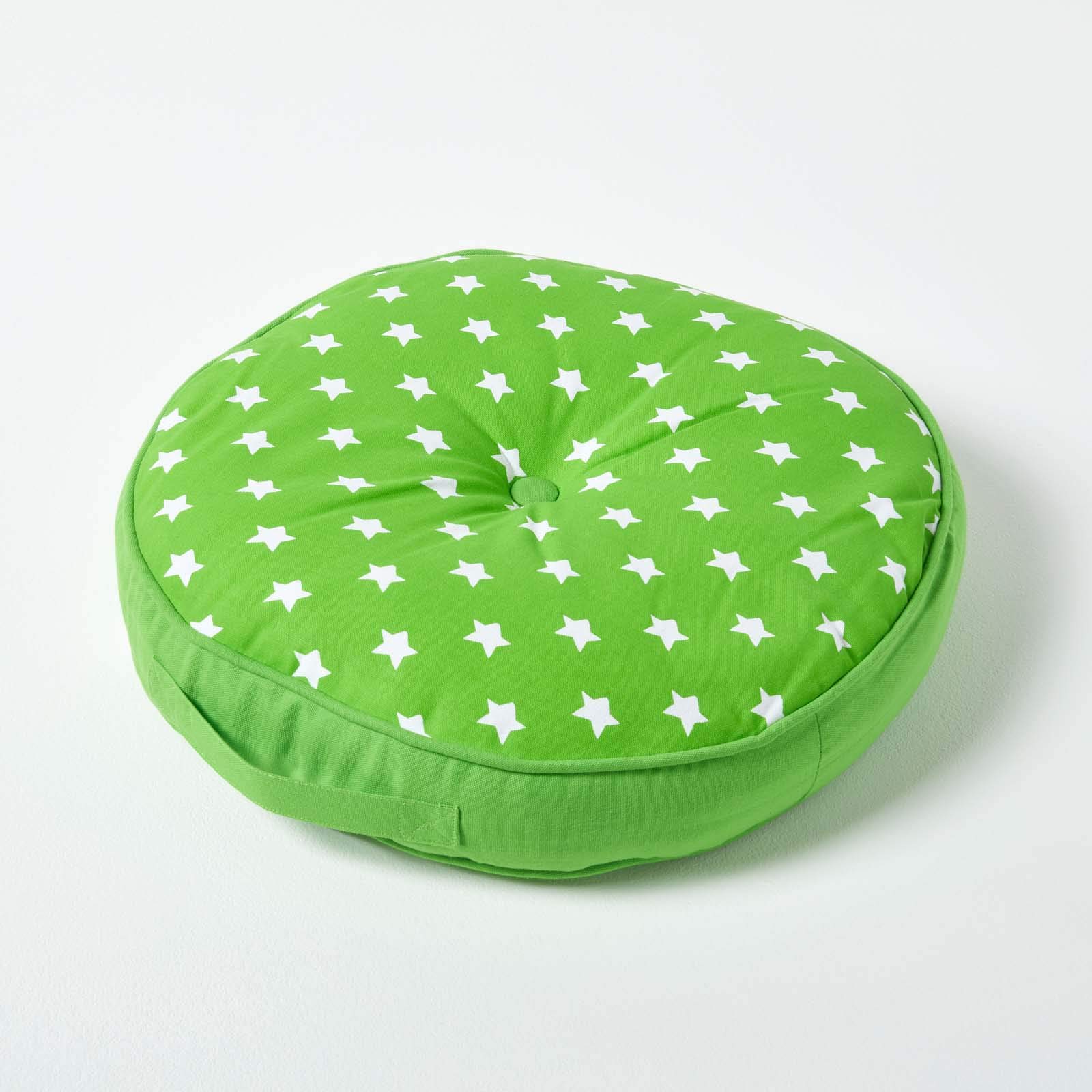 Homescapes Green Stars Green Round Floor Cushion Large Decorative Circular Children’s & Garden Seat Pad With Star Pattern, Pre-Filled 100% Cotton Indoor And Outdoor Cushion, 43Cm