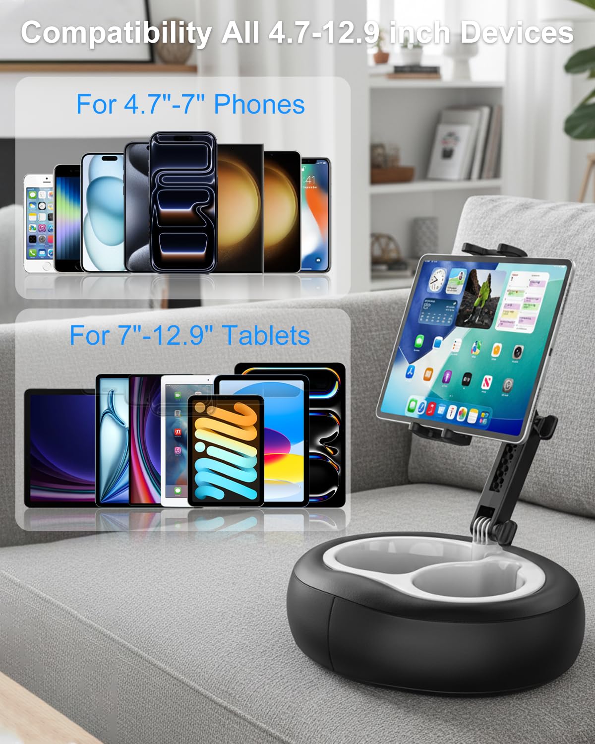 Tablet Kissenständer über Eine Snackschale und Einen Abnehmbaren Standfuß, Kissenständer iPad Halter Verfügt für Bett oder Sofa, Kompatibel mit Kindle, iPad Pro, Ebook und 4-13" Tablets