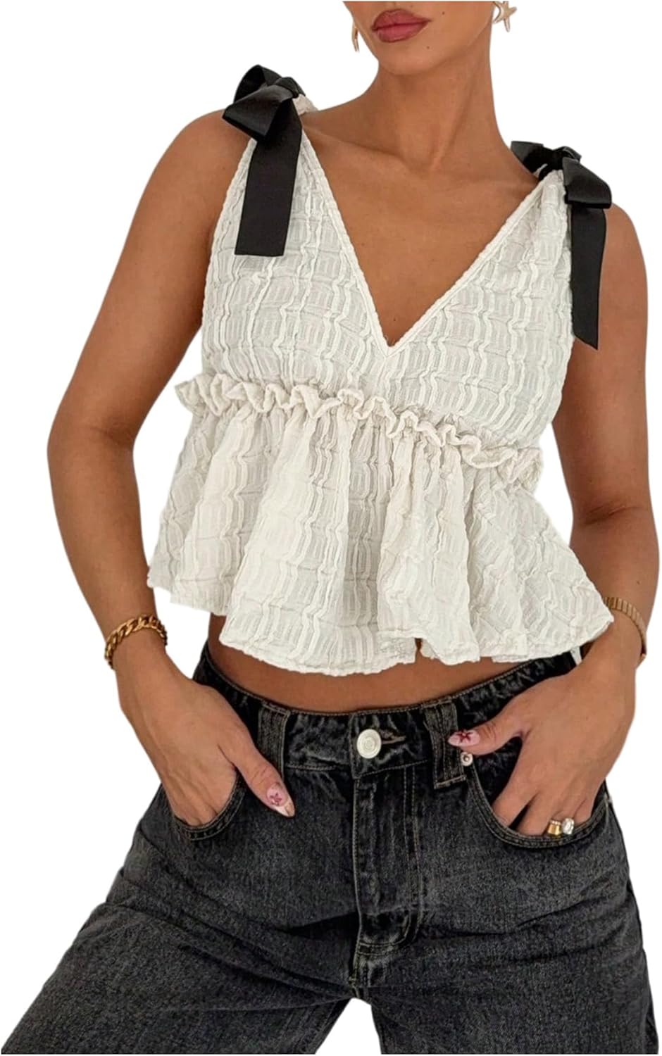 MakeMeChic Women's Bow Strap Deep V Neck Ruffle Hem Crop Top Cami Tank Top Sleeveless Textured Blouse