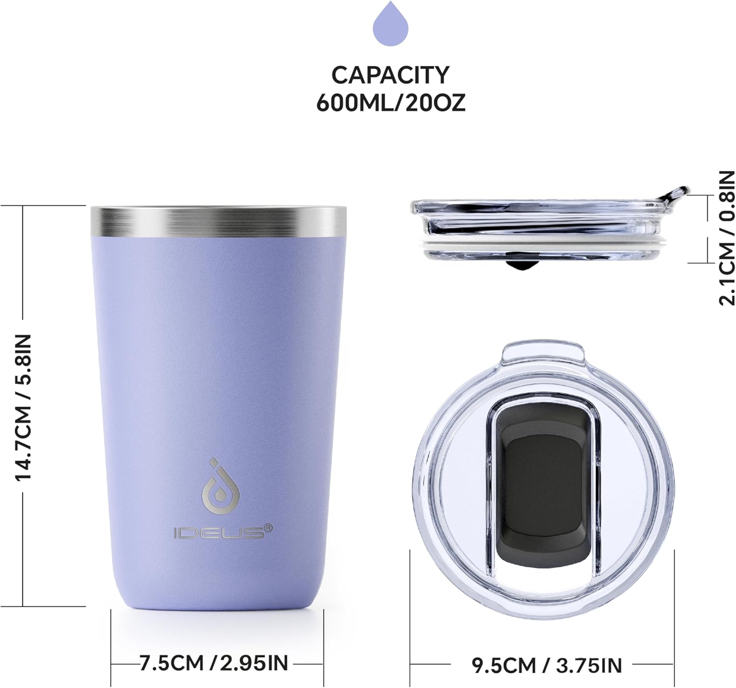 Ideus 20 oz Tumbler, Travel Coffee Mug with Splash Proof Sliding Lid, Double Wall Stainless Steel Vacuum Insulated Coffee Mug for Home and Office, Keep Beverages Hot or Cold, Lavender Purple - Image 6
