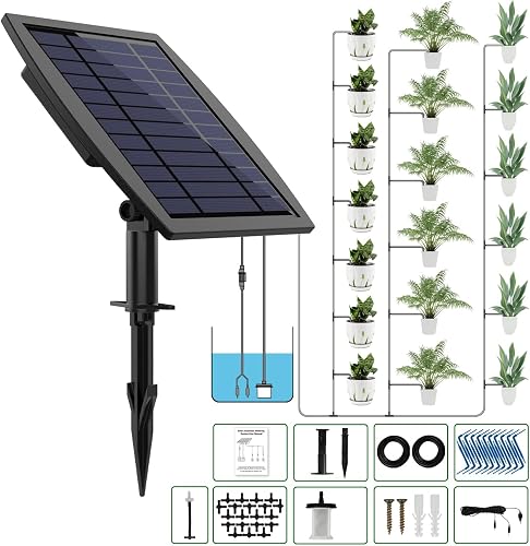 Solar Automatic Drip Irrigation Kit System, Solar Powered Auto Easy DIY Watering Device Supported Pots Plants, 12 Timing Modes with Anti-Siphoning Device (Supported 20-30 Pots, 12Timing Modes)