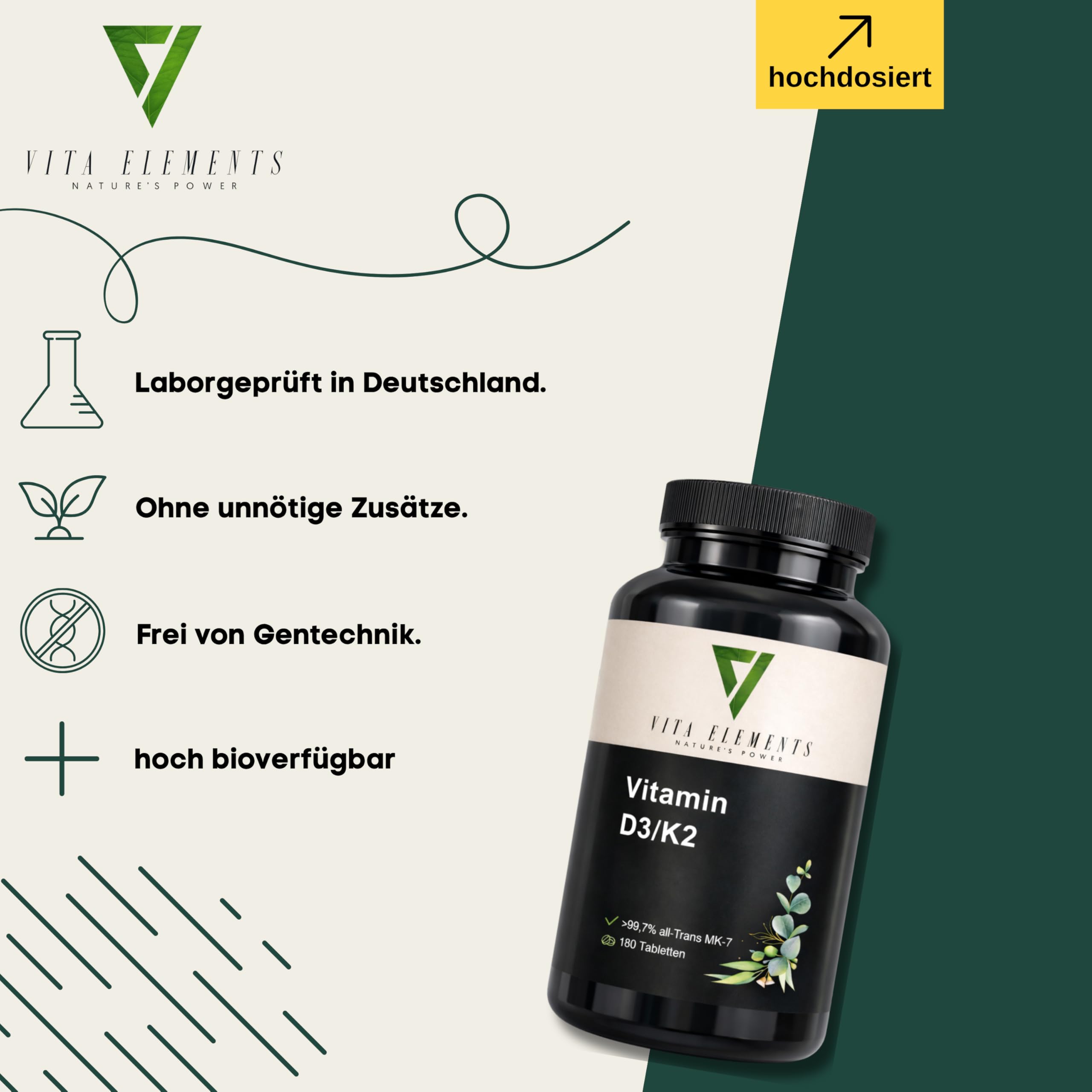 Vita Elements Vitamin D3 + K2 Depot - MK7 All-Trans - 180 Tabletten - Langzeitvorrat- Laborgeprüft - Ohne Zusätze – Vegan