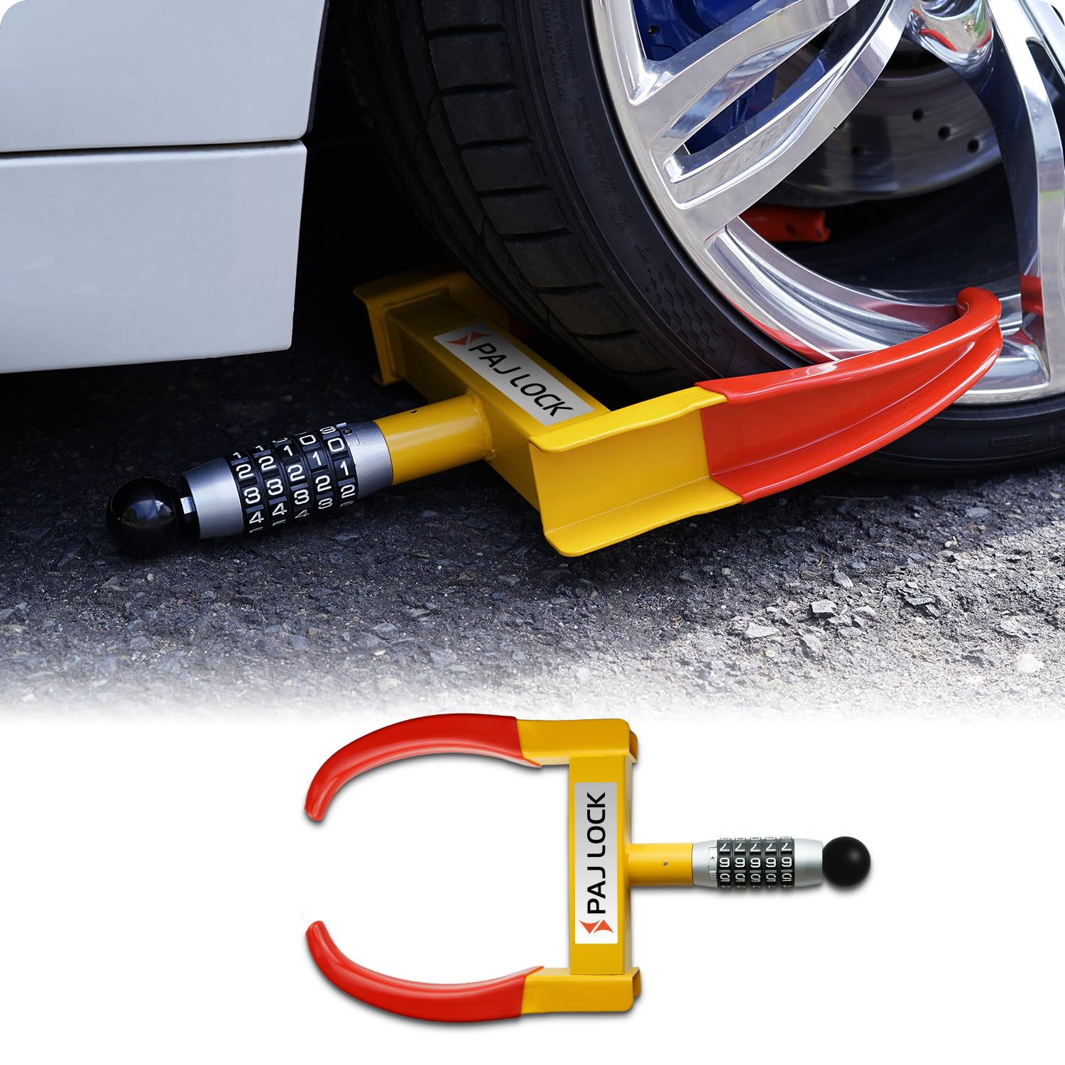 PAJ LOCK Cepo Antirrobo para Ruedas – Bloqueo de Rueda Universal para Coches, SUV, Furgonetas, Motos, Autocaravanas y Remolques – Mordaza Ajustable con Candado de Seguridad, Aparcamiento Seguro