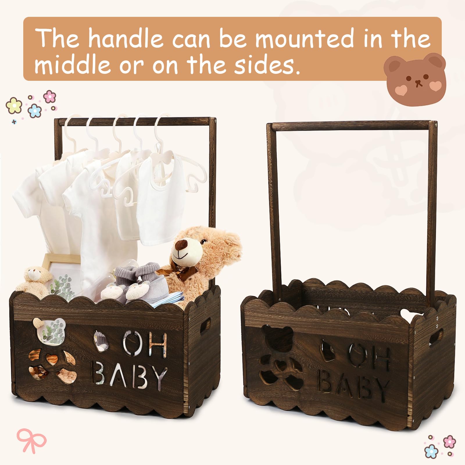 TKNOUS Wooden Baby Shower Crate Closet with Hangers, Baby Shower Gifts Basket with Handle Garland Storage Crate Hamper for Pregnant New Parents (Brown Color)