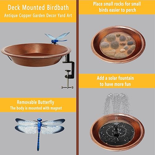 Miniatura 5 de Bañera para pájaros montada en cubierta para exteriores, cuenco de metal de 11.5 pulgadas con abrazadera de acero ajustable, comedero de pájaros de