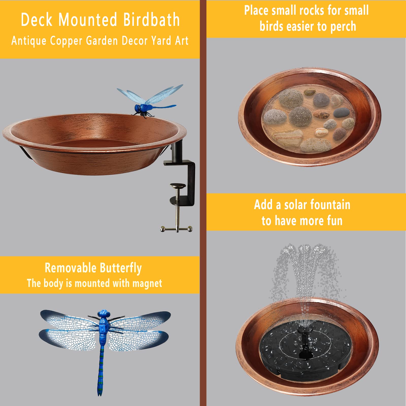 Vogeltränke für draußen, 29,1 cm Metall-Vogeltränke mit verstellbarer Stahlklemme, antikes Kupfer-Deck-Vogelfutterhaus für Geländer, Balkon, Zaun, Hof, Kunst, Gartendekoration