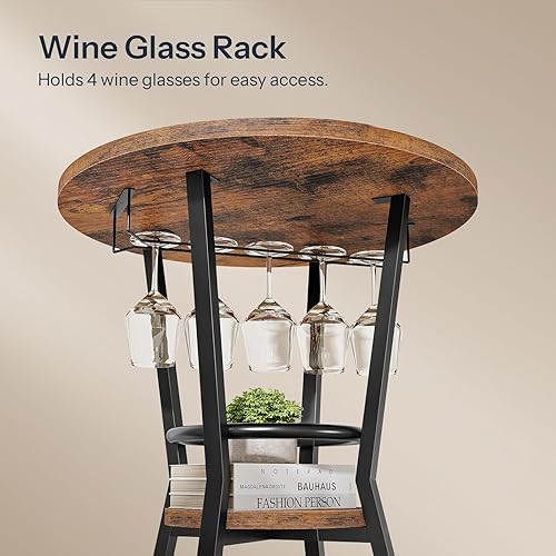 Miniatura 9 de HOOBRO Mesa redonda de bar, mesa de bar de 2 niveles con soporte para copas de vino, mesa de cóctel industrial, para espacios pequeños, taberna,