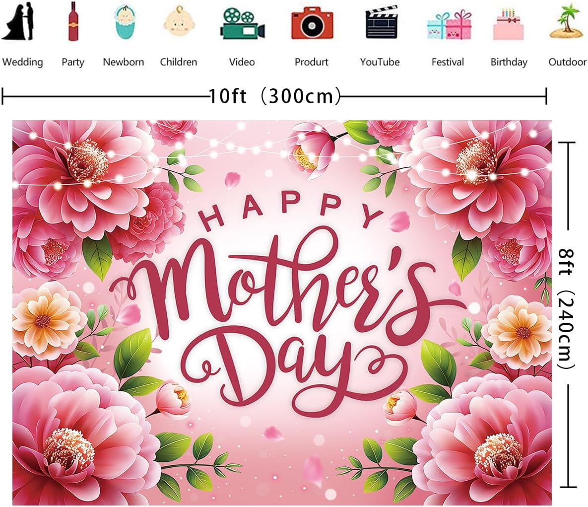 Happy Mother's Day Backdrop 10x8FT Pink Flowers Mothers Day Photography Background Best Mom Ever Party Decoratios Supplies Photo Props