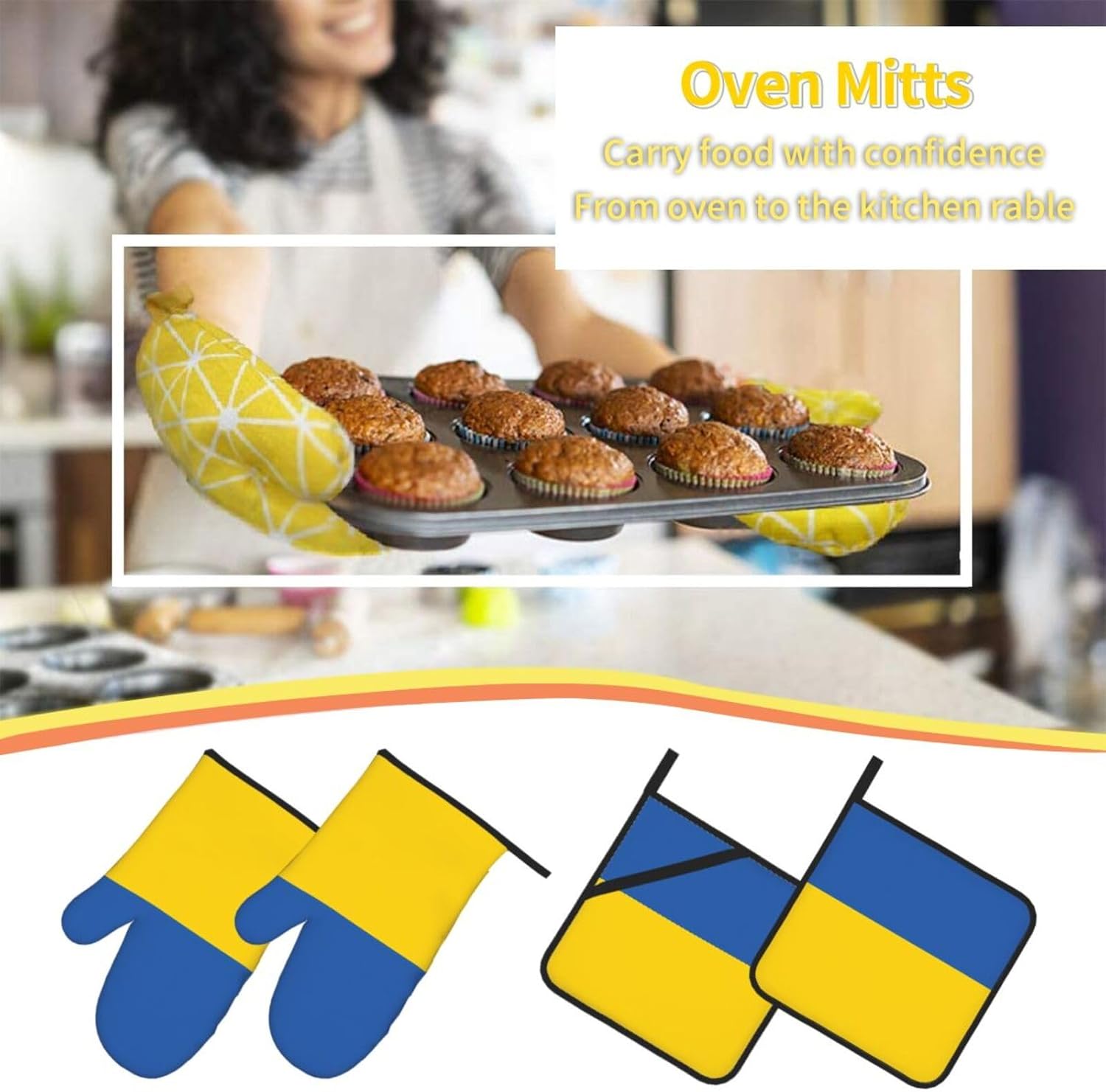 Flag of Ukraine Oven gloves and heat-resistant mat 4-piece set. Suitable for grilling, microwave oven frying, and baking