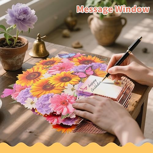 Miniatura 8 de Tarjetas de cumpleaños con música y luces, tarjeta desplegable de feliz cumpleaños, girasol y mariposa, ramo de flores de tamaño real de 10