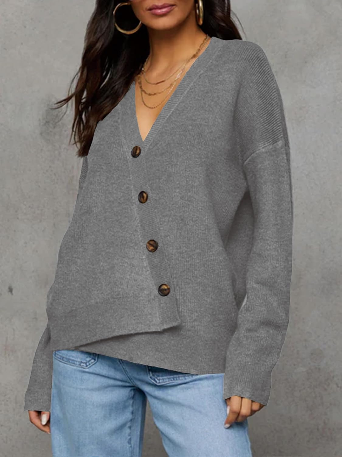 Womens 2026 Fall Casual Long Sleeve Open Front Button Sweaters Loose V Neck Knit Ribbed Cardigan Outerwears - Image 2