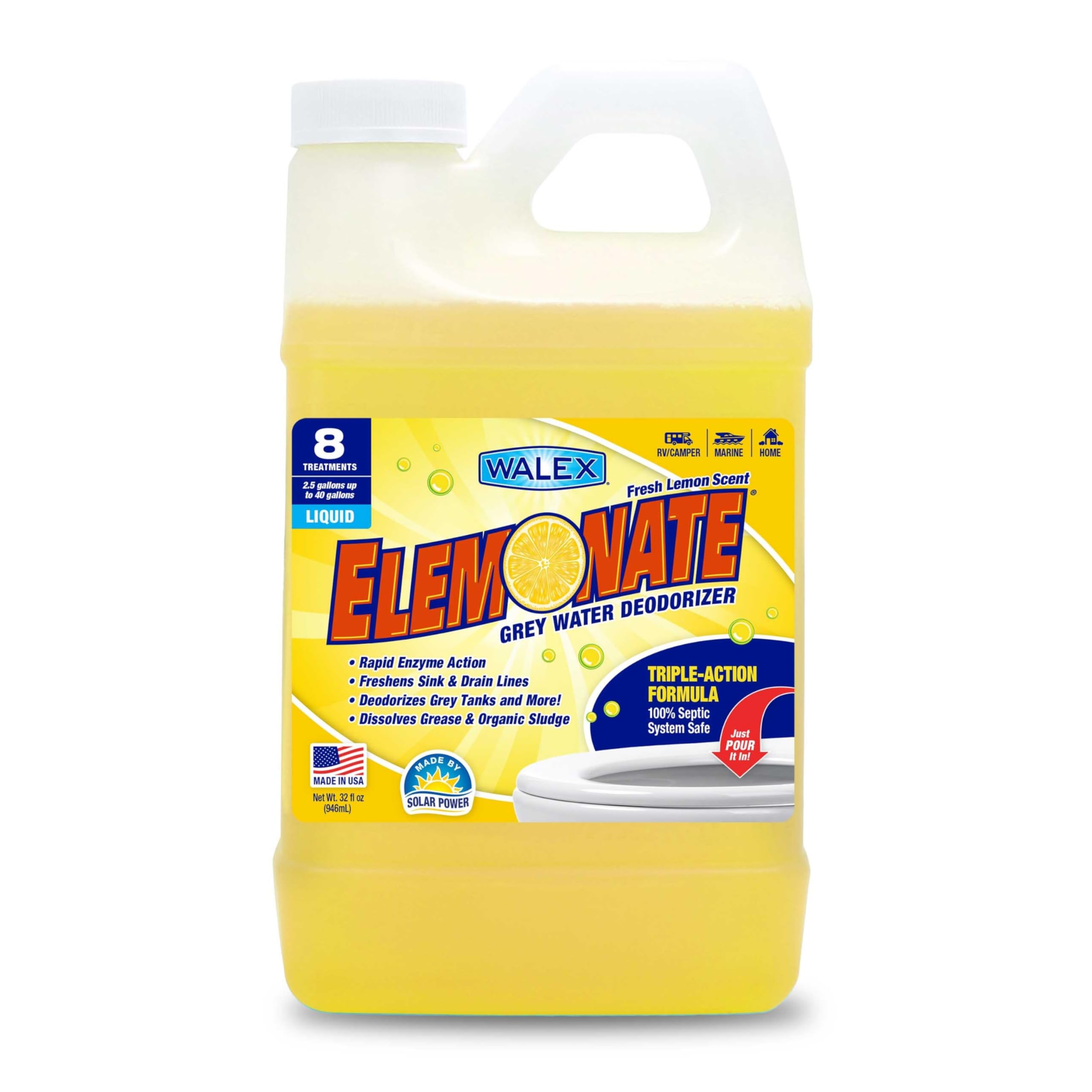 Walex Elemonate RV Grey Water Tank Deodorizer Liquid - Fresh Lemon, 32 oz