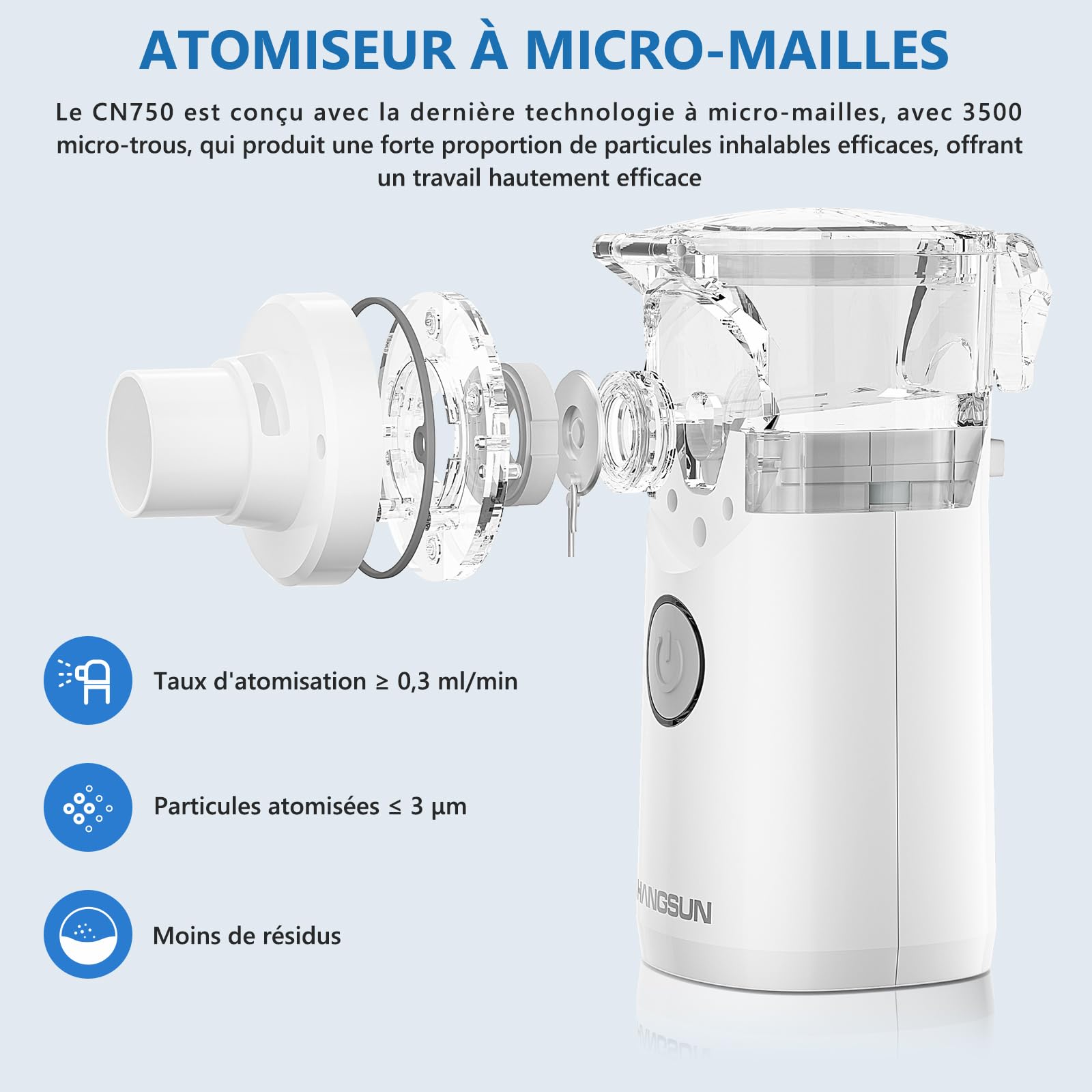 Hangsun Aerosol Portatile, Aerosol Ultrasuoni Silenzioso per Adulti e Bambini, Nebula Aerosol Mesh con Borsa di Stoccaggio, Supporta il Funzionamento a Batteria e USB,CN750(non ricaricabile)