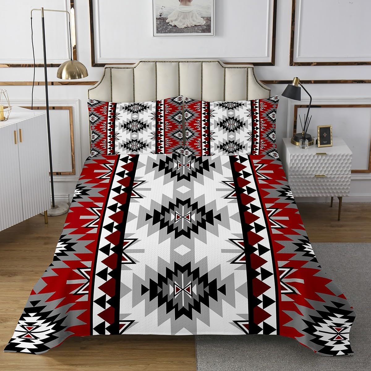 jejeloiu Boho Bedspread Twin Size Aztec Coverlet Set Bohemian Quilted Coverlet for All Season with 1 Pillowcase Geometric Microfiber Lightweight