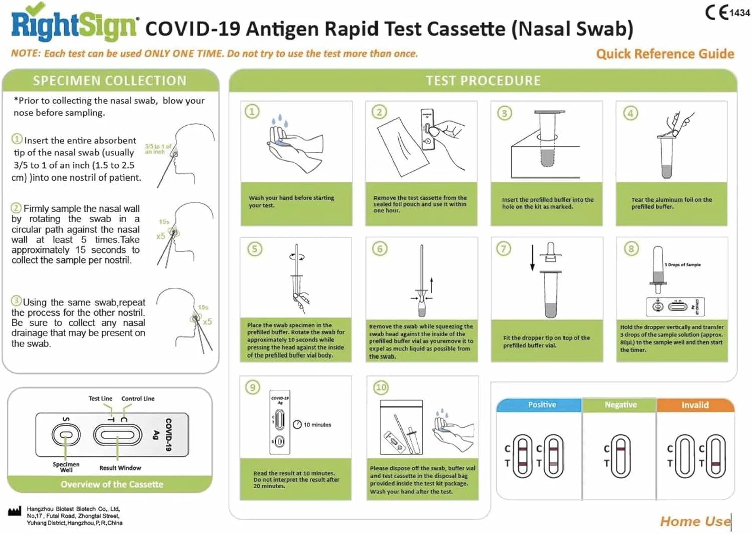 Detailed Quick Reference Guide for RightSign COVID-19 Antigen Rapid Test, showing steps for specimen collection, test procedure, and result interpretation.
