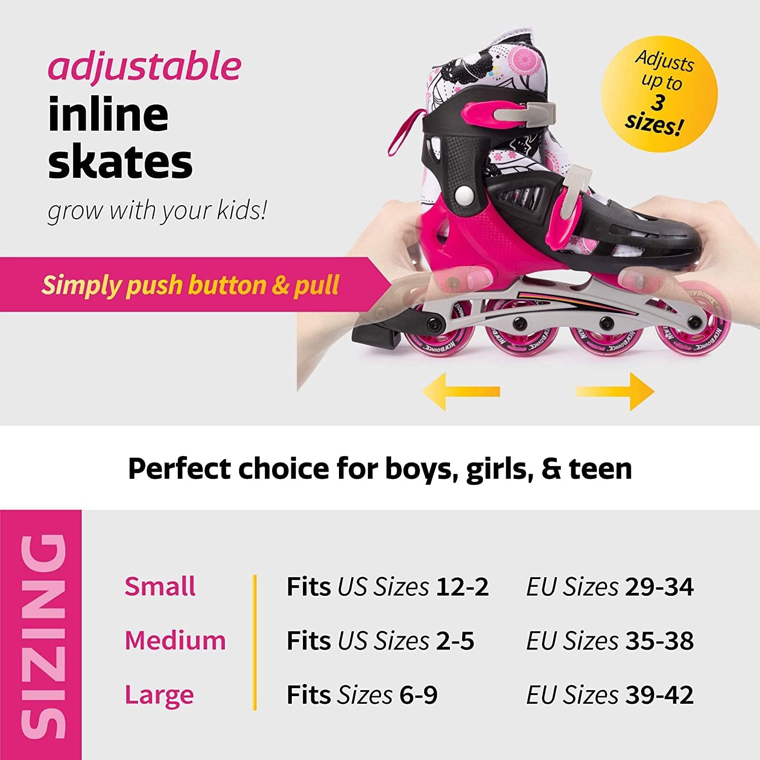New-Bounce Inline Skates for Girls and Boys - Outdoor Adjustable Roller Skates for Boys Ages 8-12 for Beginners & Advanced Great for Kids & Teens | Pink