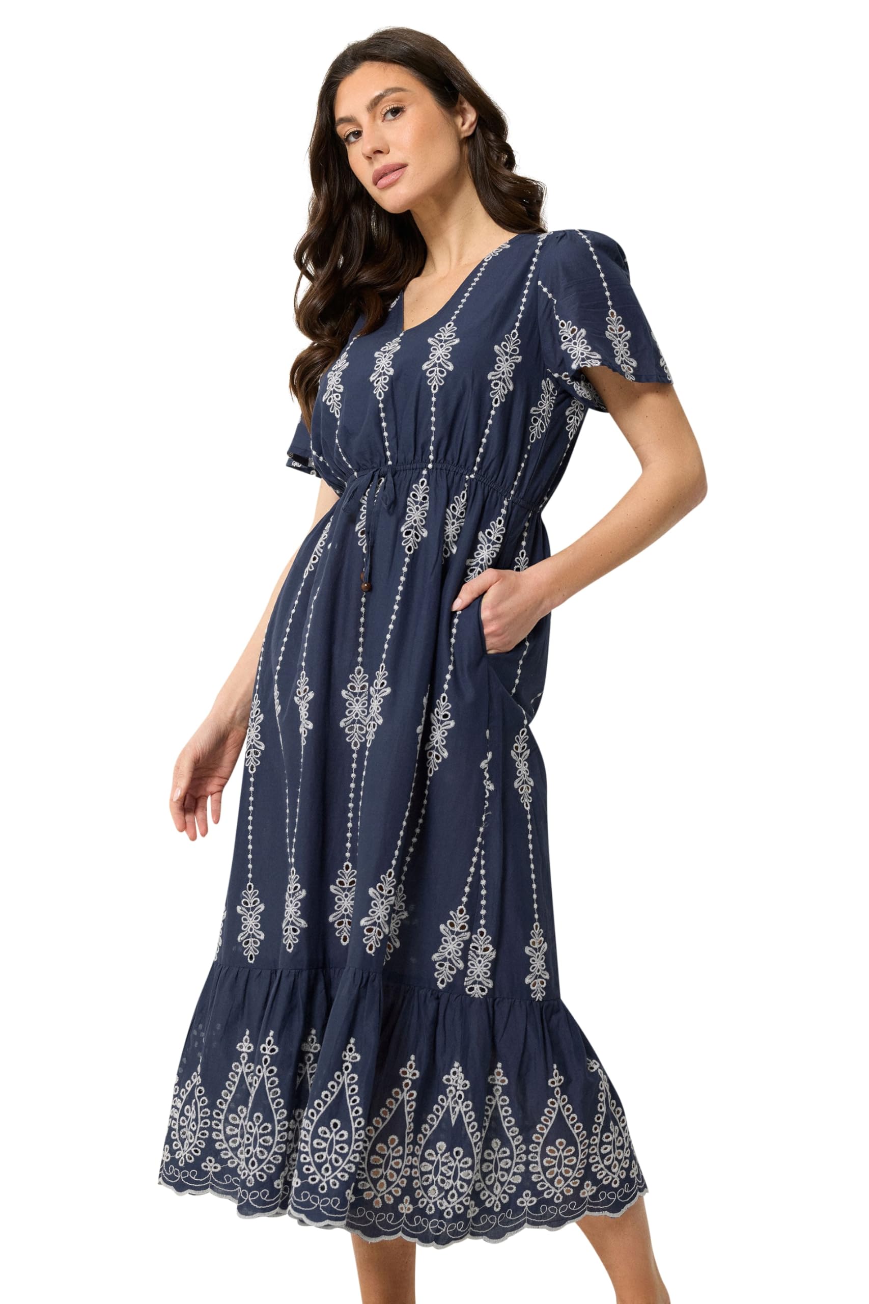 M&Co Women's Navy Blue Broderie Tie Waist Cotton Dress