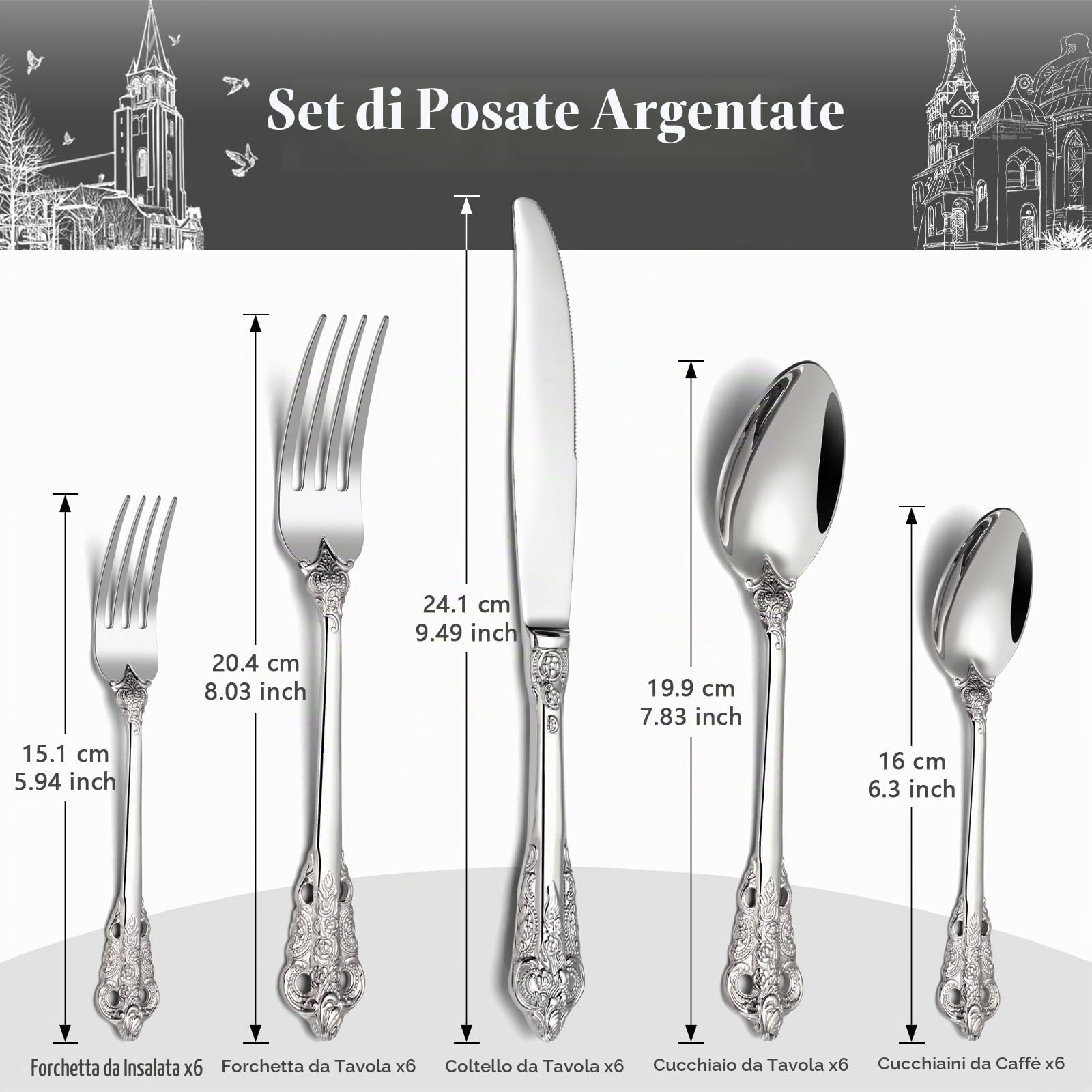 BEWOS Set Posate Palazzo d'Argento 30 Pezzi, Posate Acciaio Inox, Manici in Rilievo, Posate per Famiglia e Banchetti, Confezionati in Regalo, Lavabili in Lavastoviglie