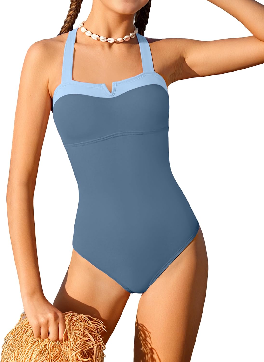 Shallmu Girls One Piece Swimsuits Color Block Dual Crossback Straps with Cover Up Skirt Girl's Swimwear 9-16Y
