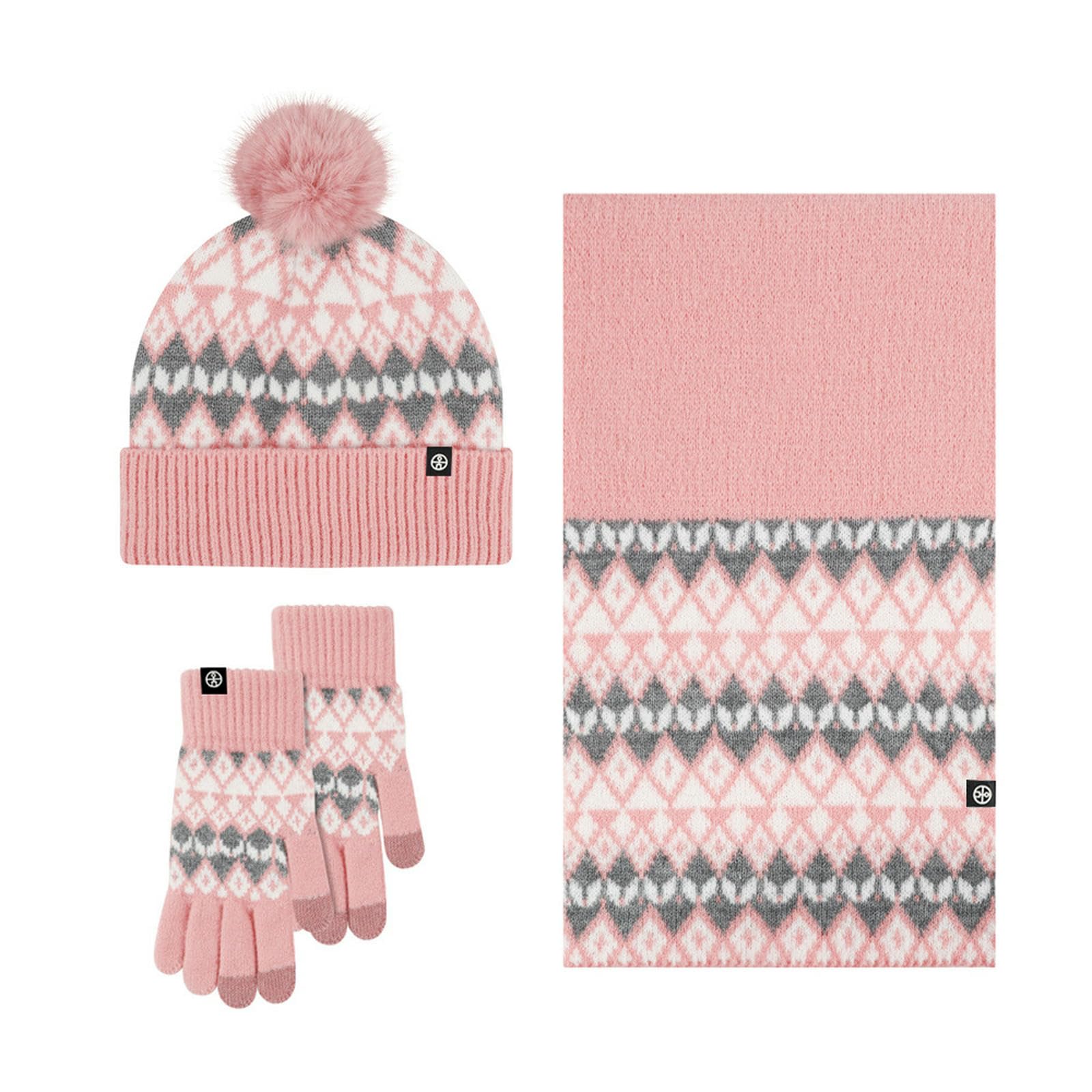Wintermütze Schal Handschuhe Set Dreiteiliges Für Erwachsene, Bestehend Aus Bommelmütze, Und Handschuhen, Warme Jacquard-Strick-cremeweißer Jacquard-Anzug