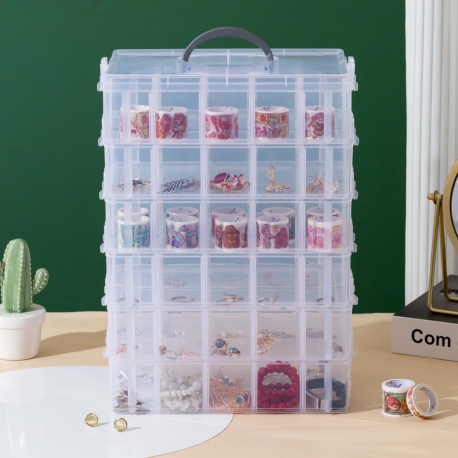 Gagee 6 -Tier Craft Storage Organizer,Bead Organizer Box with 60 Adjustable Compartments,Stackable Storage Containers for Arts and Crafts, Toy, Threads,Fuse Beads, Washi Tapes,Hot Wheels,Clear