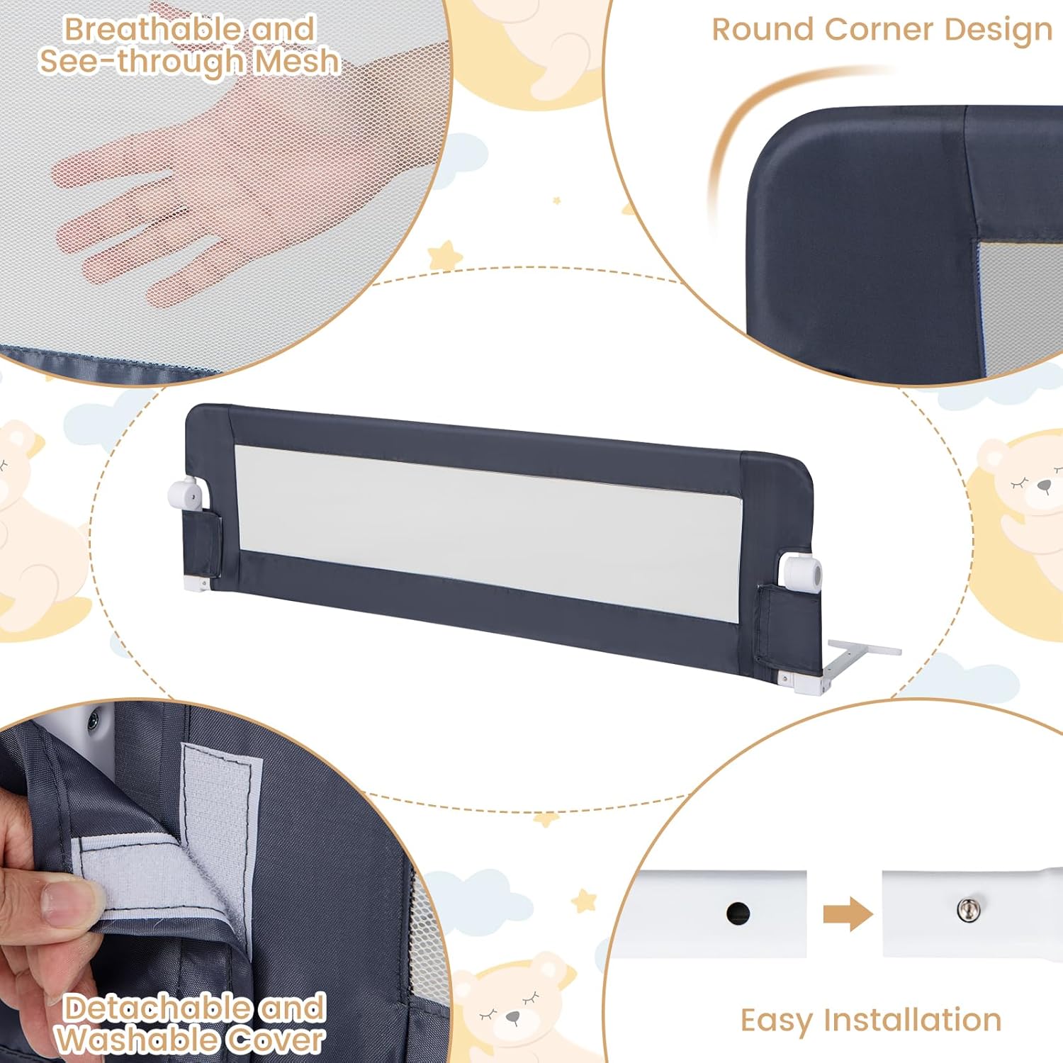 HONEY JOY 2 Pack Bed Rails for Toddlers, 60-Inch Extra Long, Foldable Portable Swing Down Safety Bed Guard Rail, Toddler Bed Rails for Crib, King Queen Full Twin Size Bed Mattress (Gray)