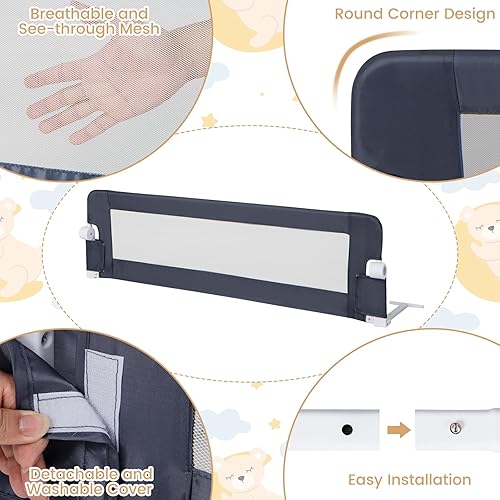 Miniatura 6 de HONEY JOY Riel de cama para niños pequeños, 60 pulgadas extra largo, plegable, portátil, abatible, de seguridad, rieles de cama para cuna, colchón