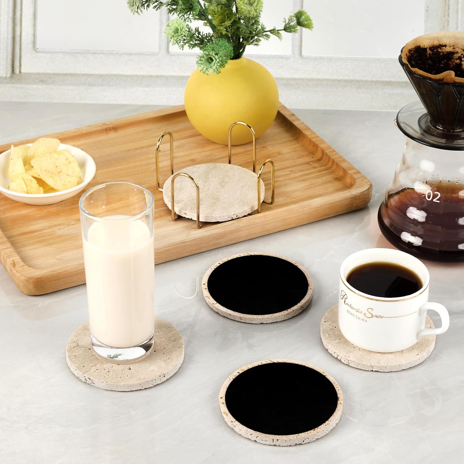 Italian Travertine Coasters Set of 5 with Holder, Round Beige Marble Drink Coasters for Coffee Table Decor Housewarming Gift, Unique Natural Stone Absorbent Coaster for Surface Protection