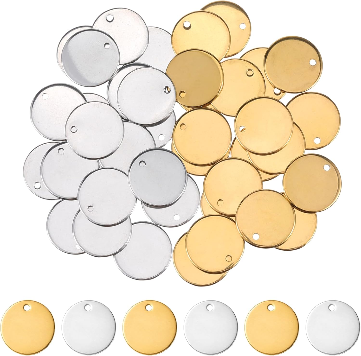 40PCS Metal Tags, 0.59 x 0.59 Stainless Steel Metal Tags for Engraving with Hole, Round Stamping Blanks for Engraving Bracelet Necklace Dog Tag(Silver, Gold)