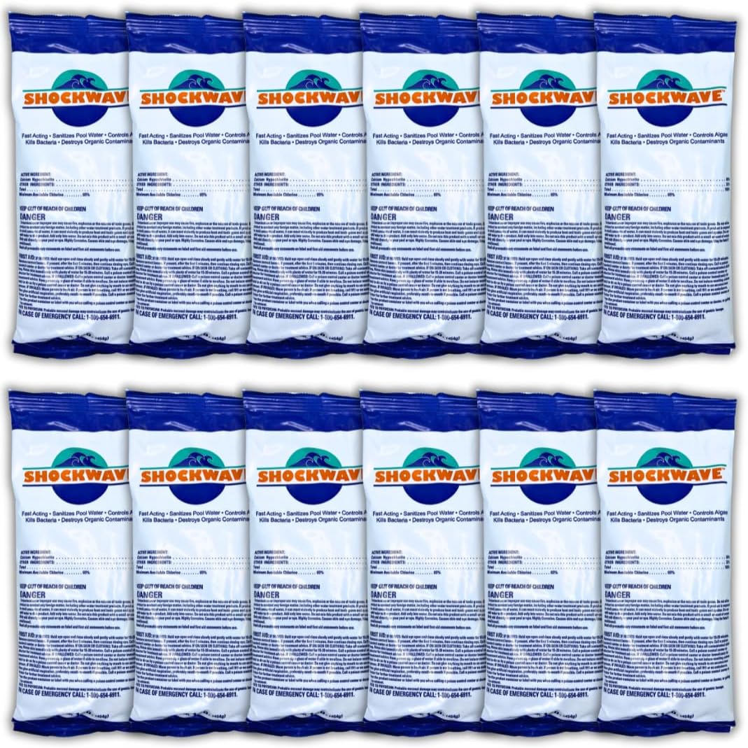 Super Shockwave Pool Shock Swimming Pool Sanitizer - Fast Dissolving, Non-Stabilized - 73% Available Chlorine - 1lb Bags (12)