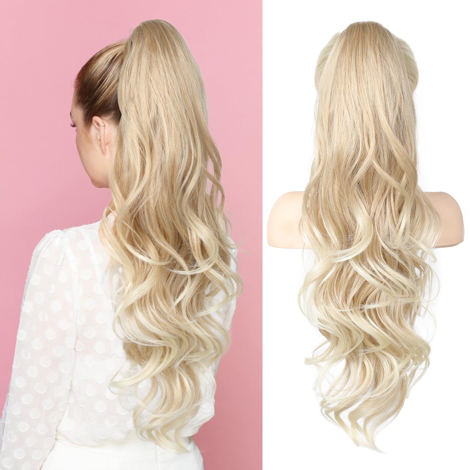 FLUFYMOOZ Ponytail Extension, 66cm Pferdeschwanzverlängerung lange, gewellte, lockige Klauen Clip in Pferdeschwanz Haarverlängerung, synthetisches Haarteil für Frauen-Blond bis Hellblond