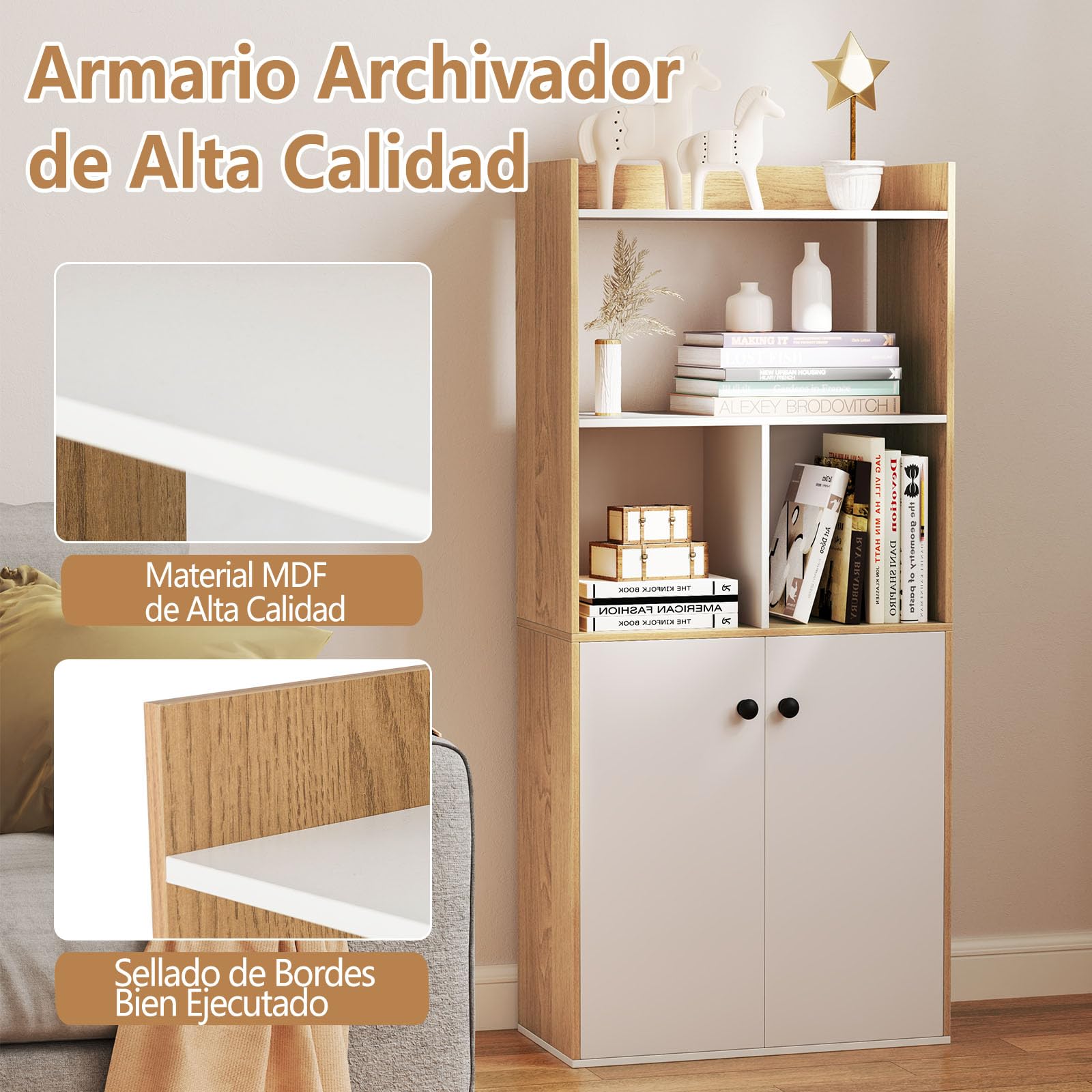 COSTWAY Estantería para Libros, Librería con Gabinete de 2 Puertas, Estantería Alto de 3 Niveles, Almacén Cocina para Sala de Estar, Dormitorio, Estudio, Cocina, 60 x 30 x 133 cm (Blanco y Natural)