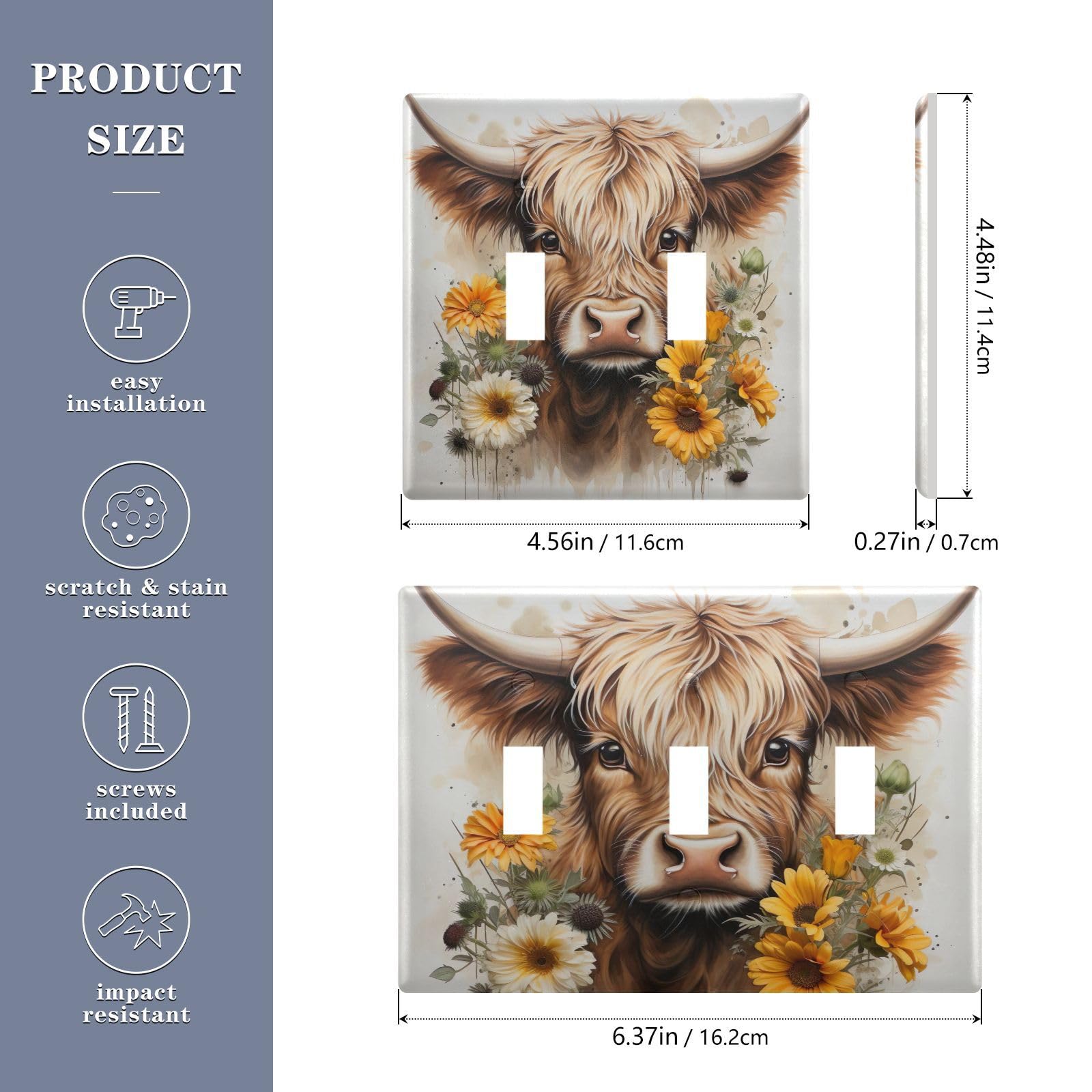Light Switch Cover Cute Highland Cow Sunflower Wall Plates for Electrical Outlets 3 Gang 202a5412