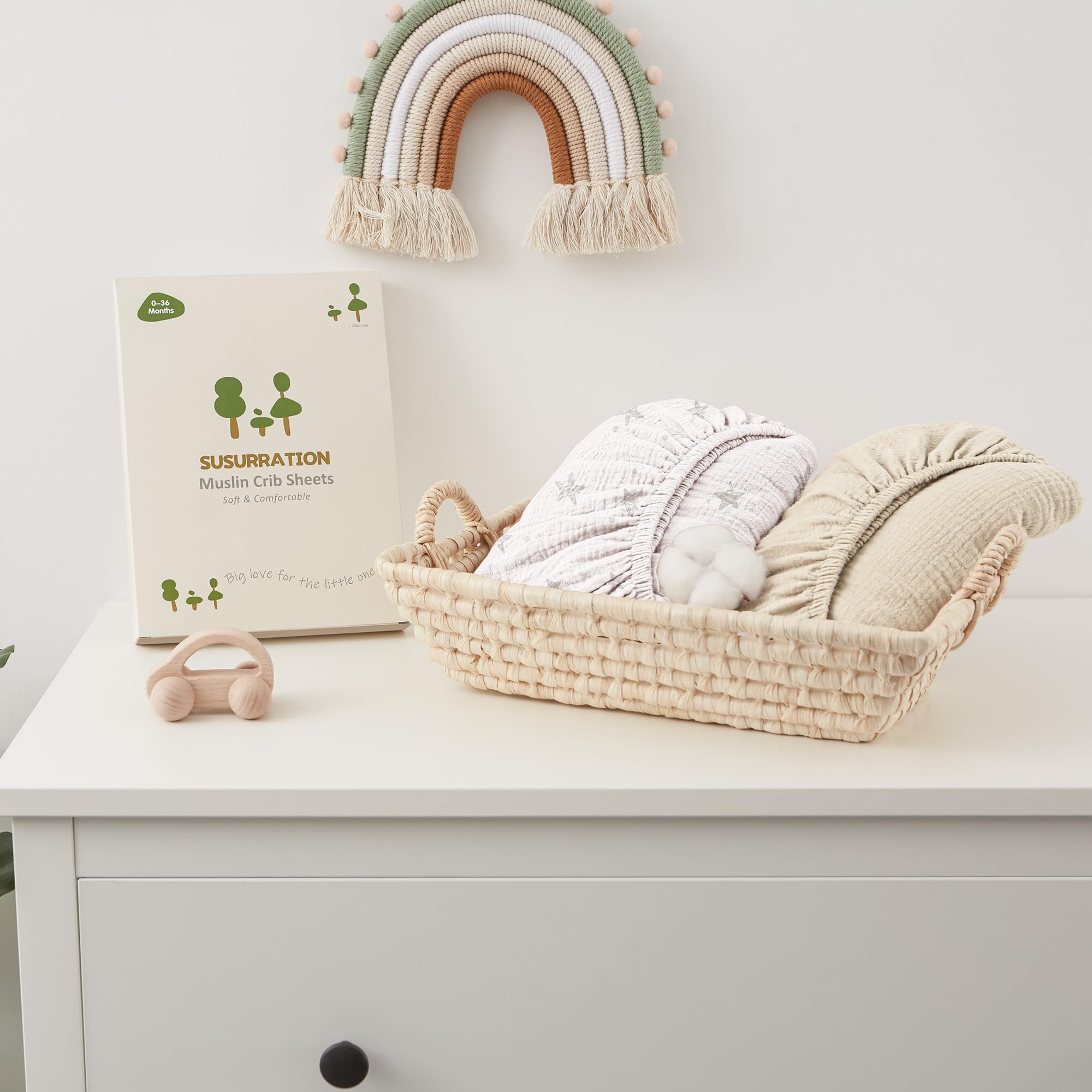 Susurration 100% Cotone Set di 2 Lenzuola Con Angoli per Cotone Bambini, Lenzuolo in Mussola di Lenzuolo per Lettino da Viaggio 60x120cm/70x140cm (Crema Star)