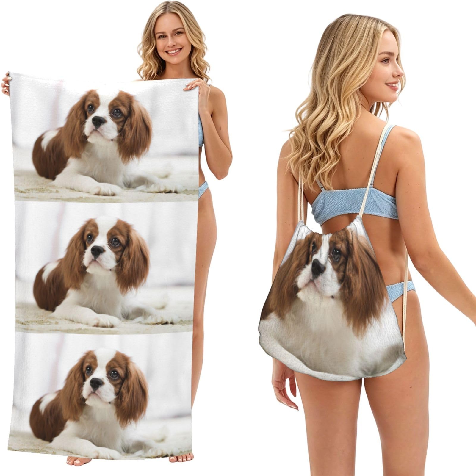 Poadnly As Picture Cavalier King Charles Spaniel Brown Spaniel, 2 In 1 Packable Towel Bag, Beach Towels With Drawstring Backpack For Travel Holiday Camping