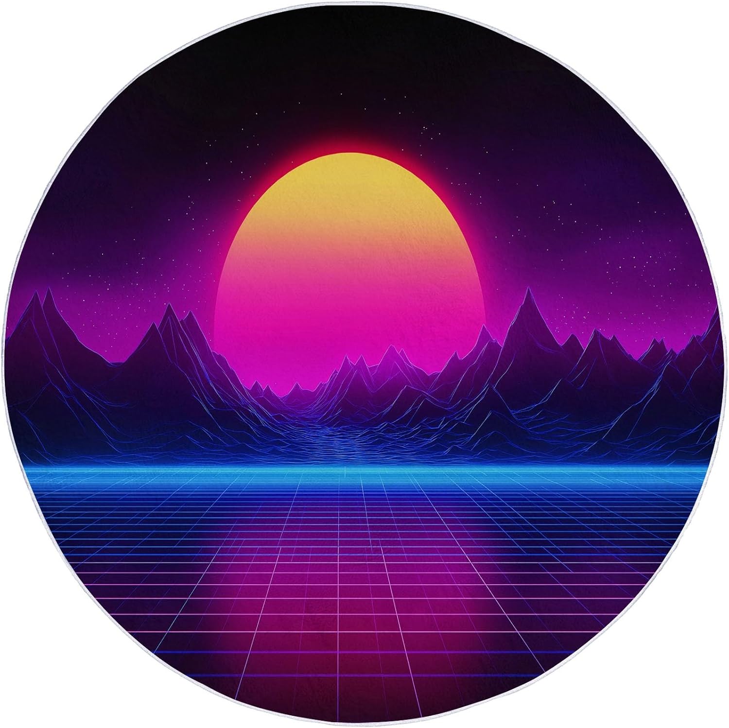 Purple Round Rugs 2 ft Area Rug, Retro Mountain Neon Lights Print Washable Carpet Circle Non Slip Floor Carpet for Living Room Dining Room Bedroom Entryway Office Decor