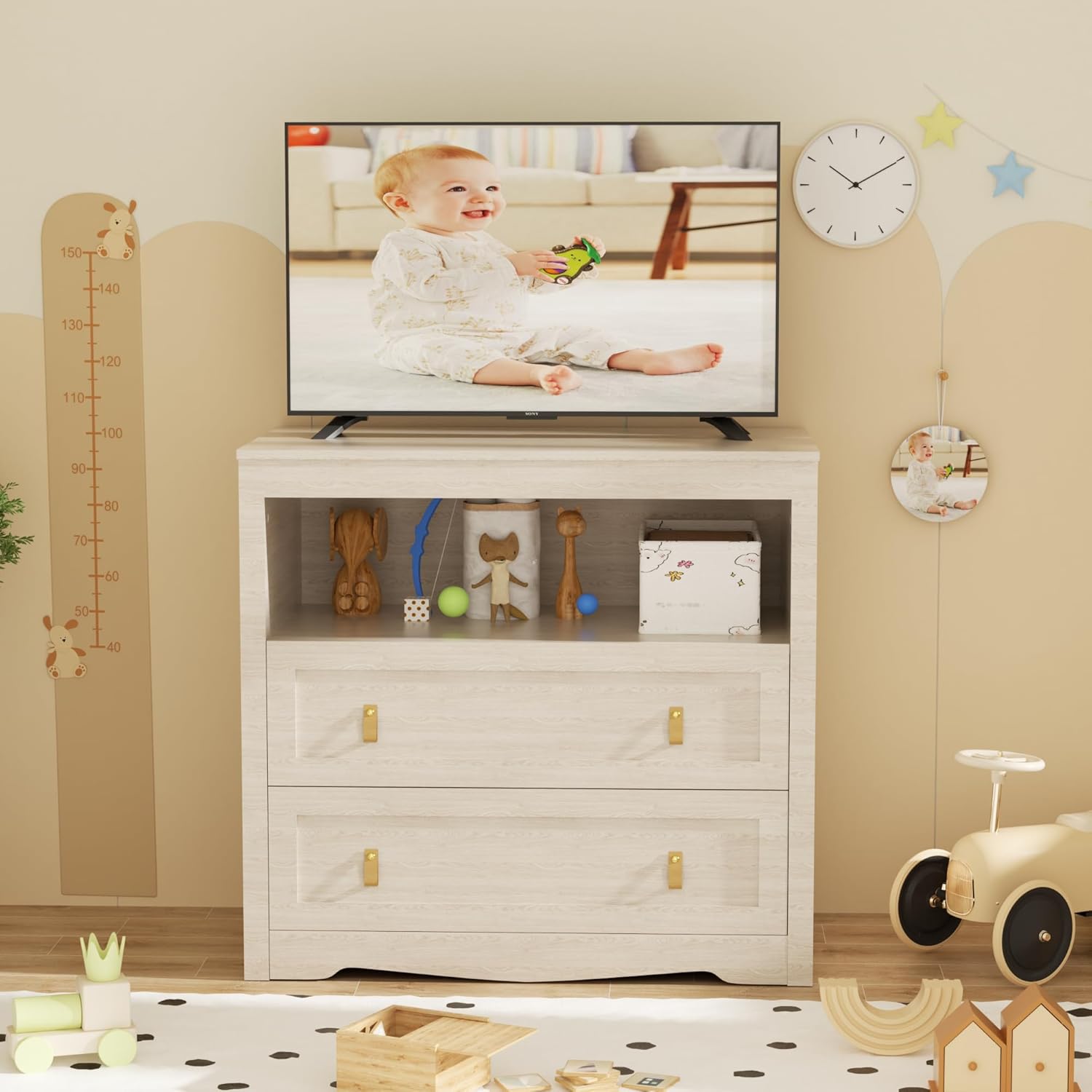 35.4" Baby Changing Table Dresser with 2 Drawers 1 Open Shelf Changing Table Dresser with Changing Table Top Diaper Changing Station with Storage for Nursery Children's Room Beige
