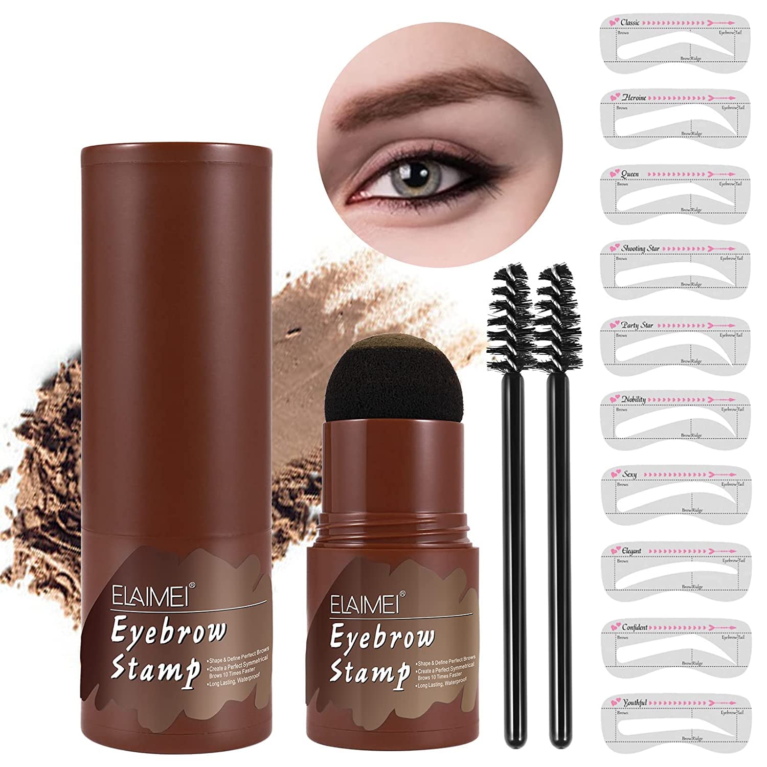 One Step Eyebrow Stamp and Professional Eyebrow Stencil Kit, with 10 Reusable Eyebrow Stencils, Eyebrow Pen Brush, Eyebrow Trimmer, Long Lasting Waterproof, Hairline Shadow Powder Stick (Light Brown)