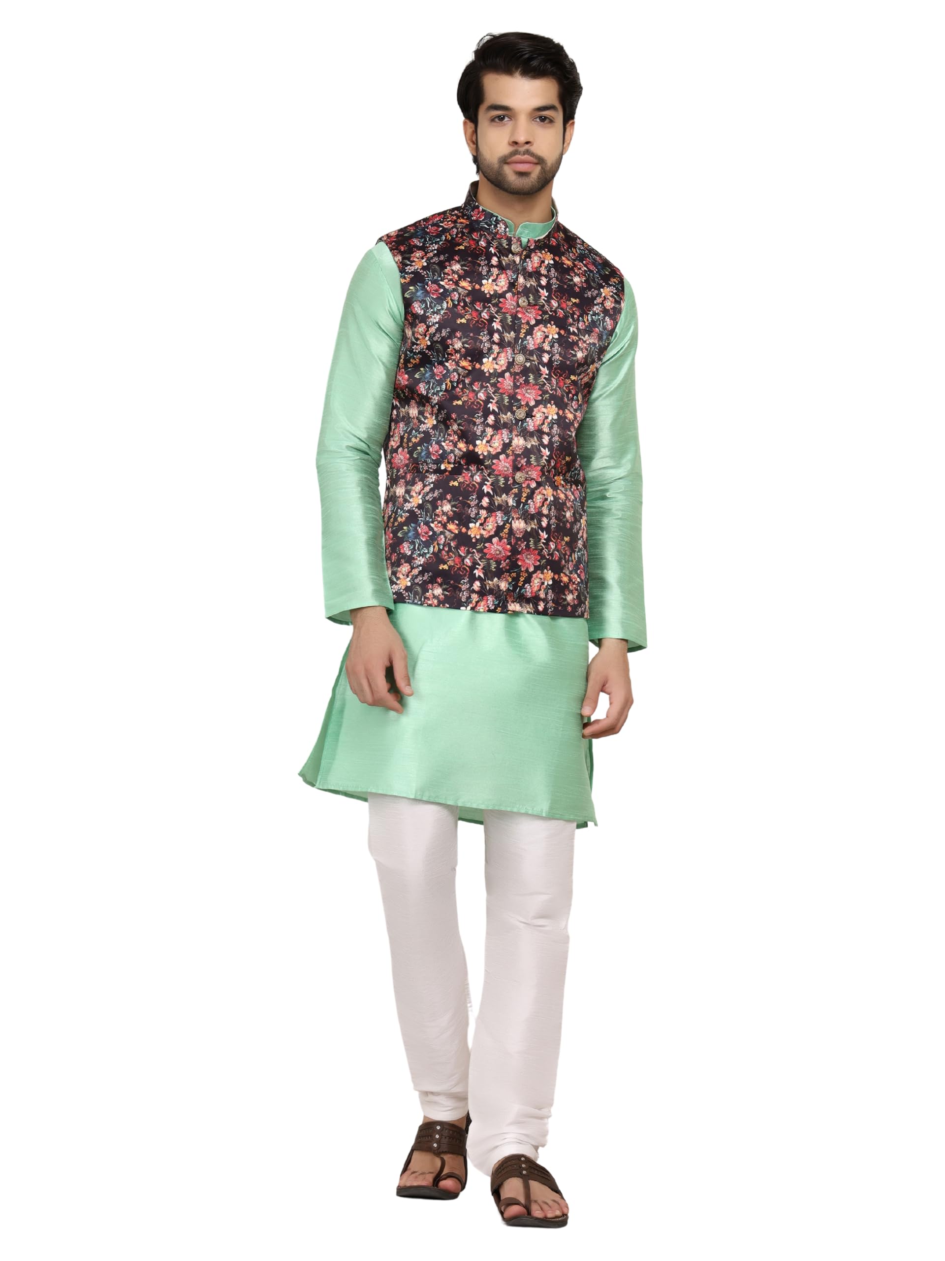 sadree Men's Silk Blend Knee Length Plain Kurta Pajama with Floral Print Nehru Jacket/Modi Jacket Set-picture-12